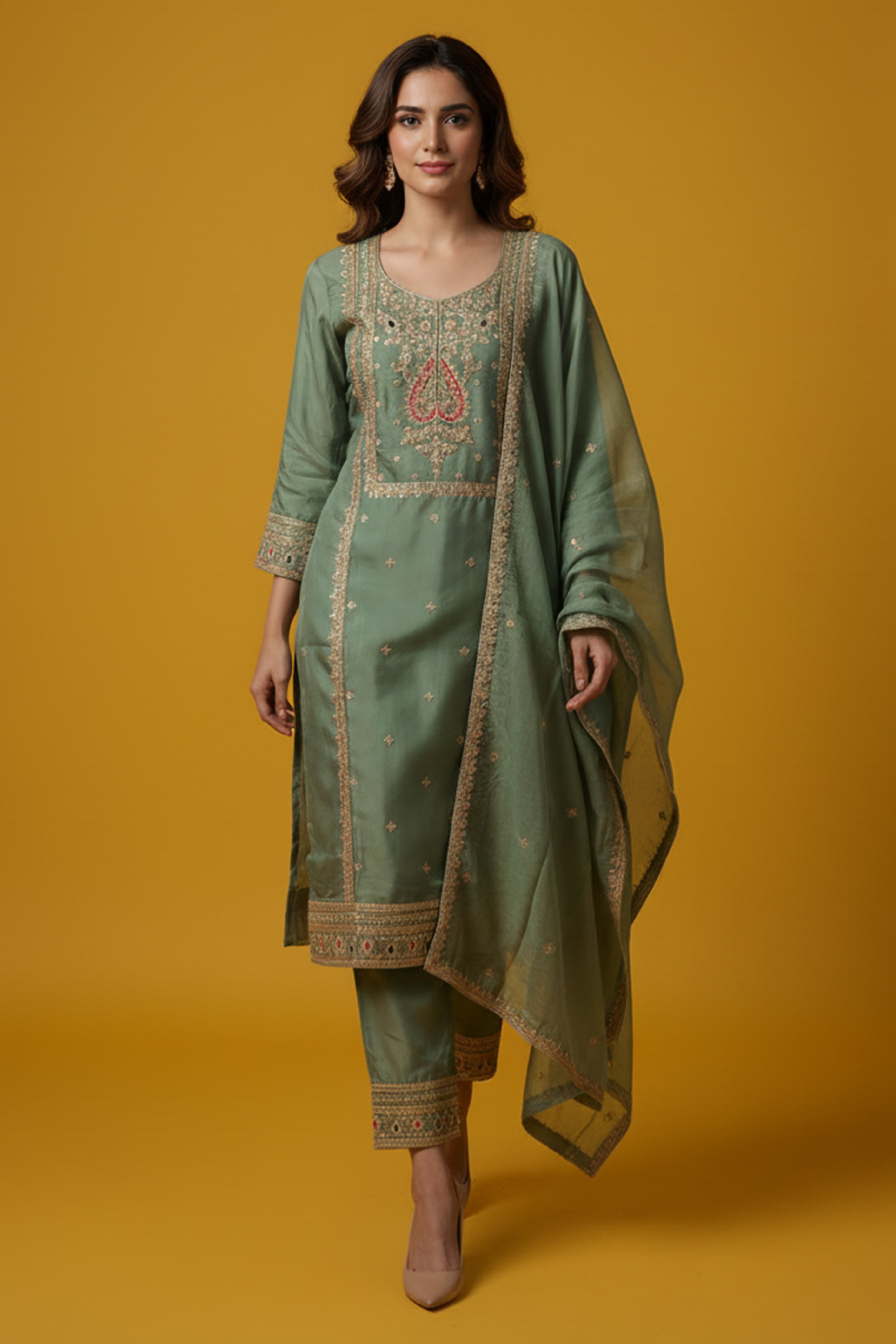 Green Organza Suit Accented with Thread & Sequins Work