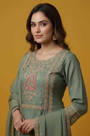 Green Organza Suit Accented with Thread & Sequins Work