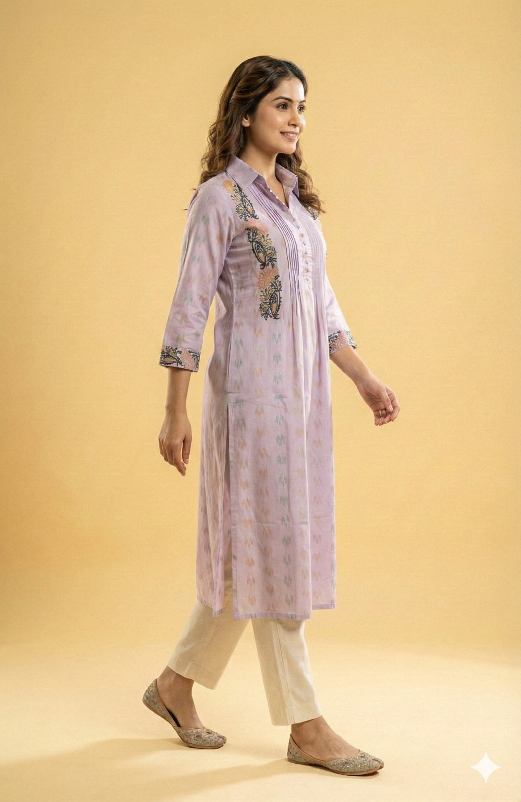 Lavender Straight-Cut Cotton Kurti Showcasing Soft Prints and Graceful Embroidered Accents