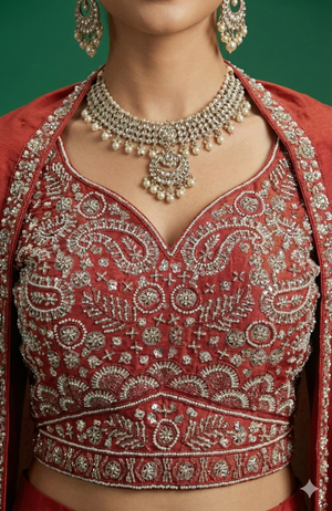 Red Festive Solid Co-Ord Ensemble with Rich Embroidery Detailing on Viscose Blend Blouse