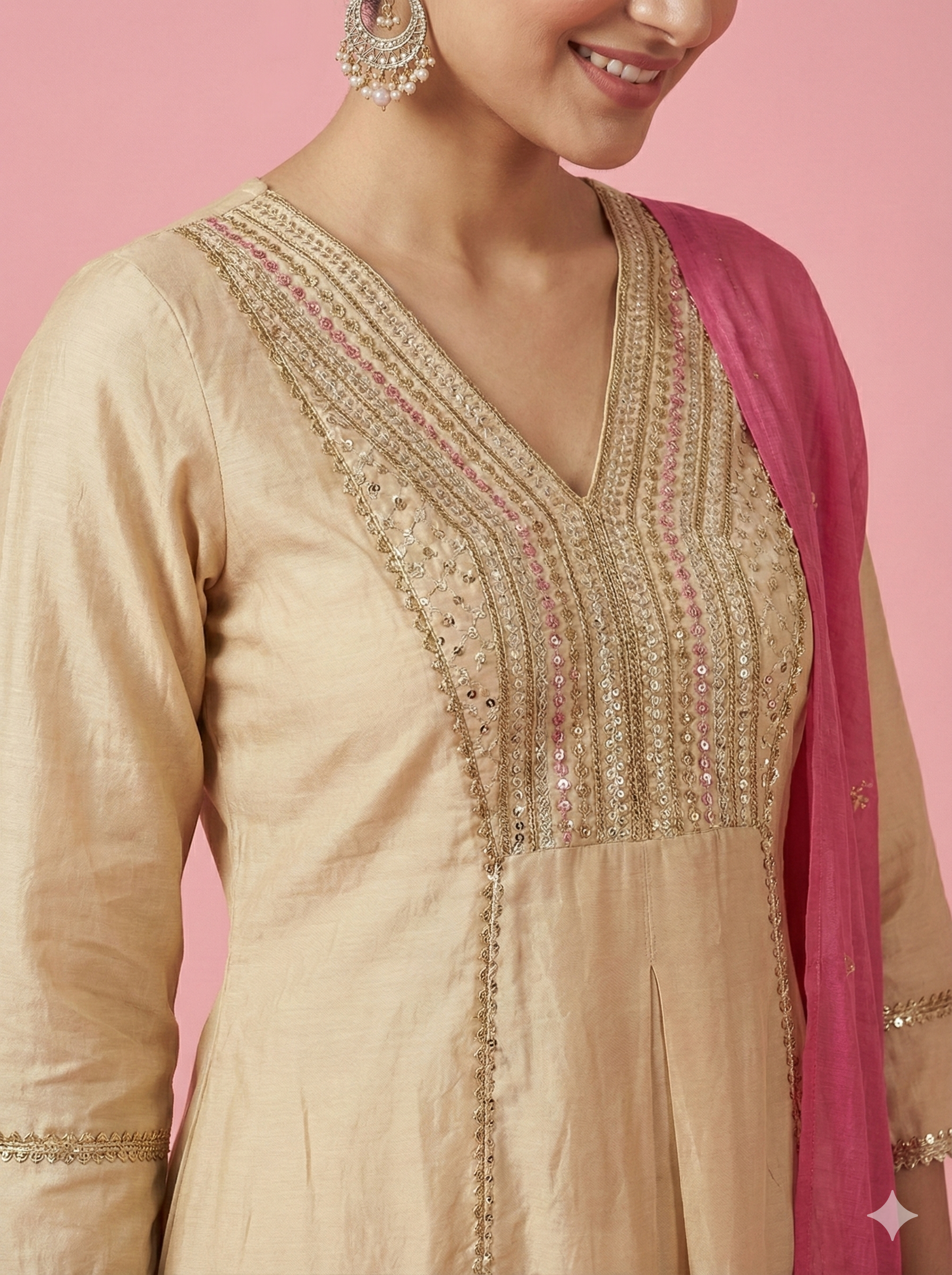 Cream Festive Wear Chanderi Silk A-Line Salwar Suit Adorned with Sequins Work