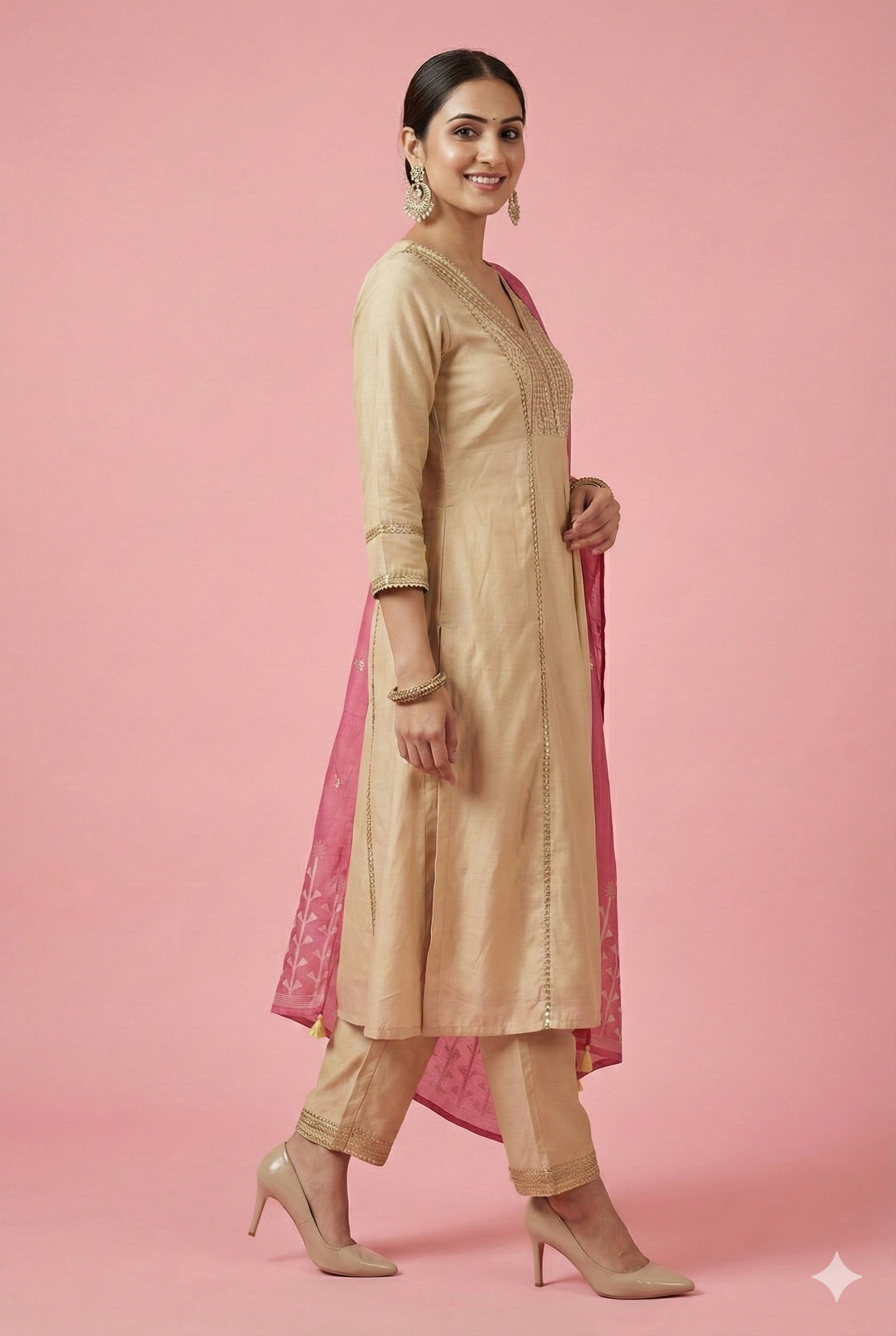 Cream Festive Wear Chanderi Silk A-Line Salwar Suit Adorned with Sequins Work