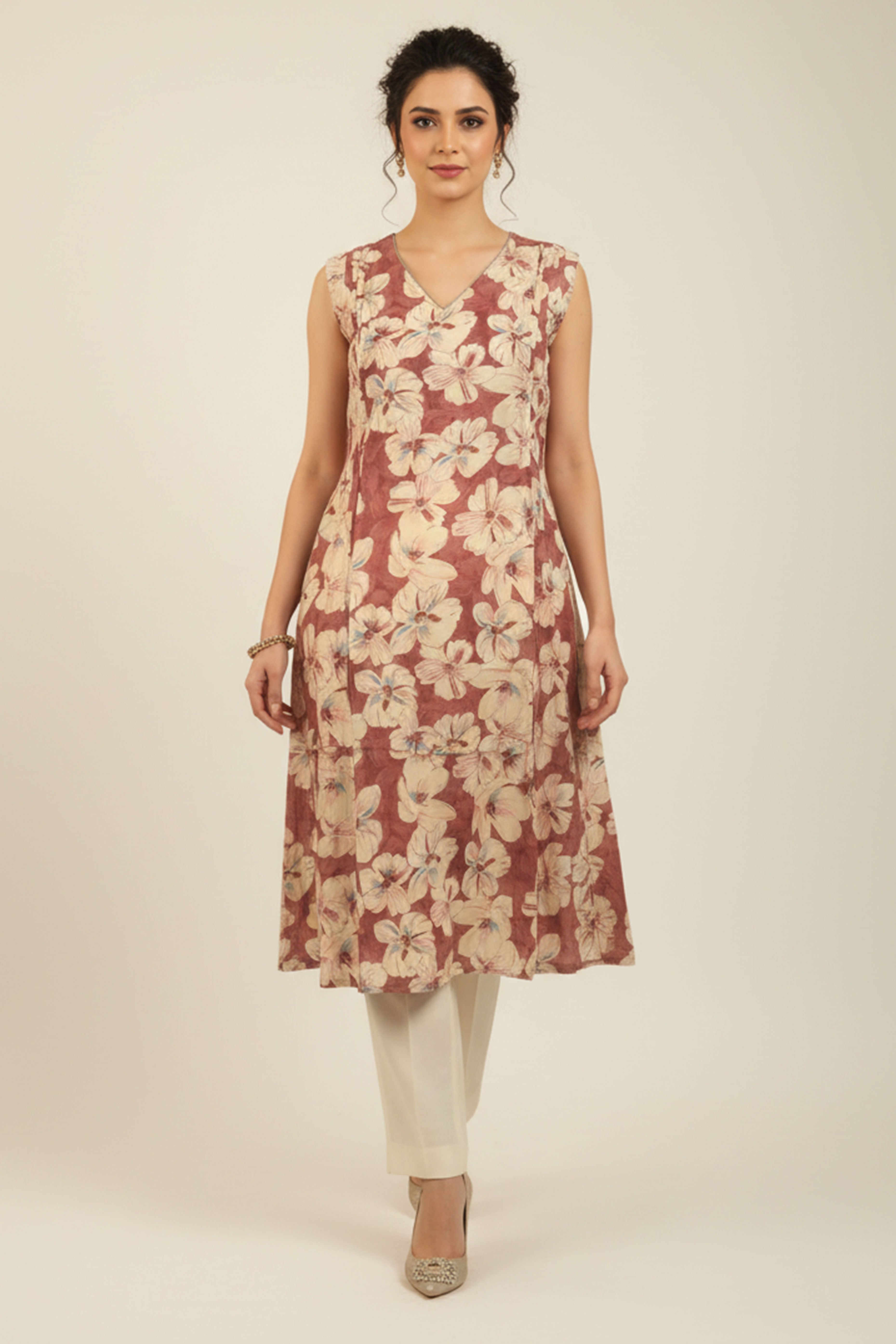 Stylish Pink Viscose Blend Kurti Dress Accented with Allover Floral Prints