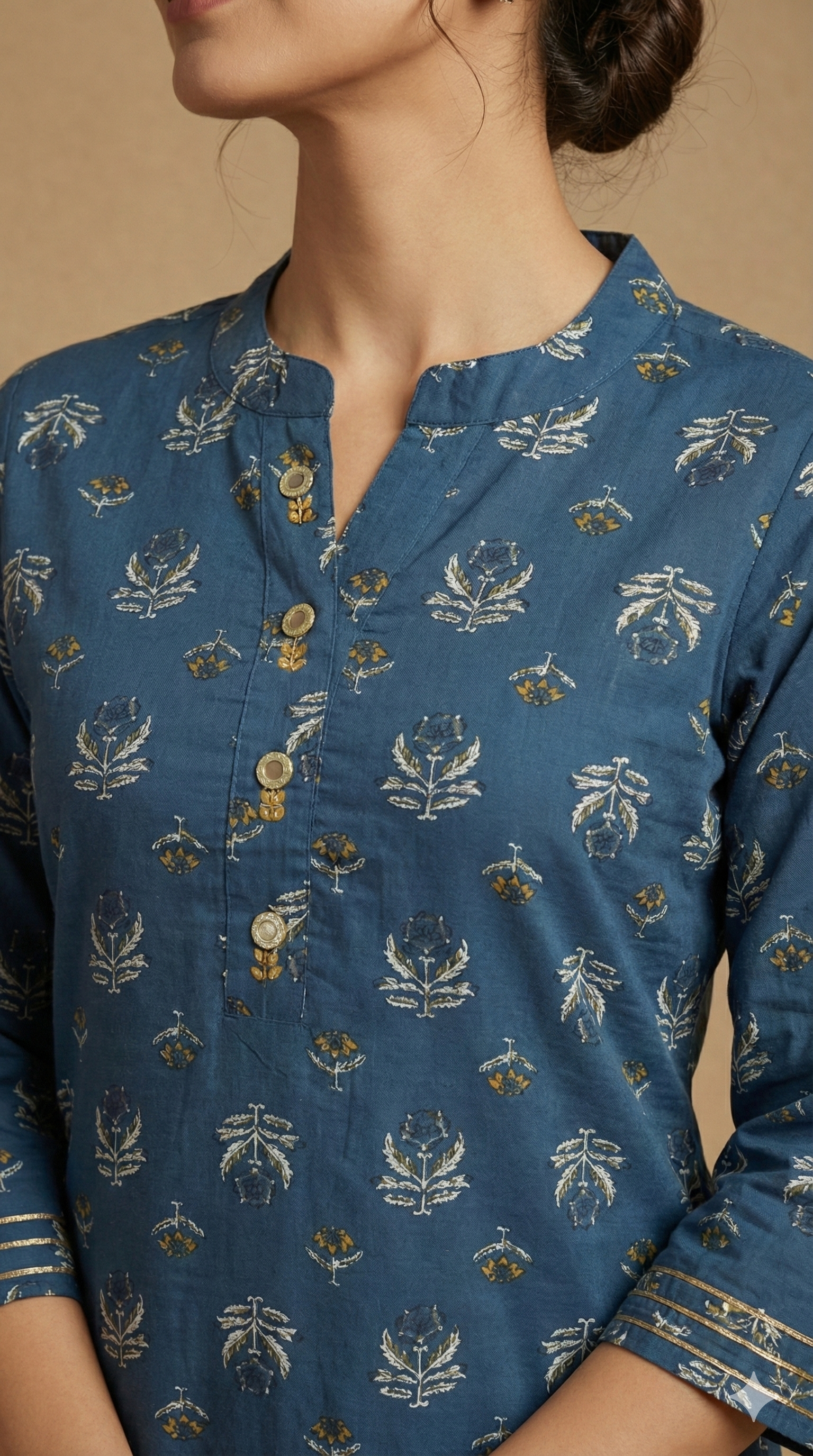 Blue Floral Printed Straight Cut Casual Kurti With Handwork On Neck