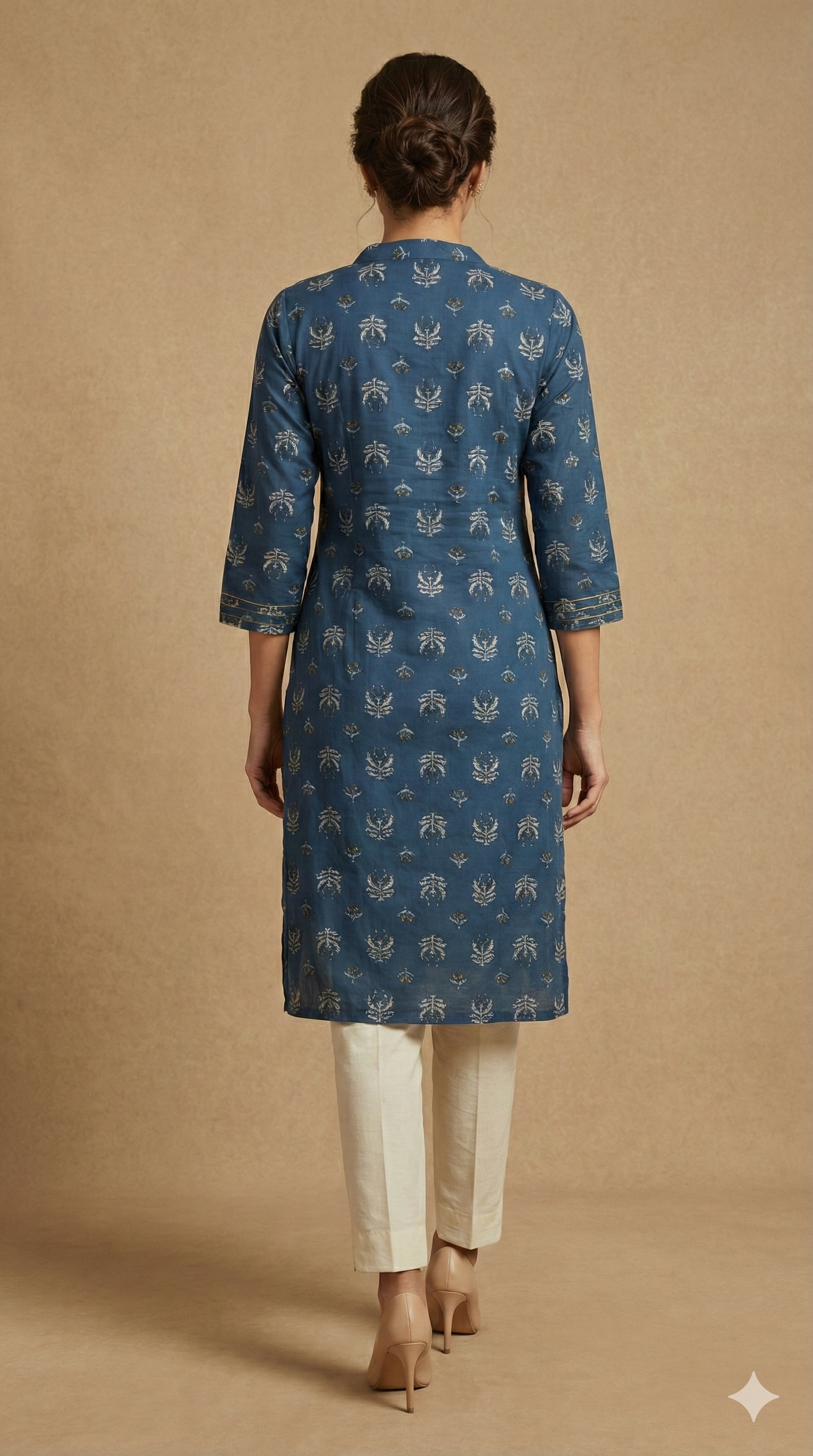 Blue Floral Printed Straight Cut Casual Kurti With Handwork On Neck