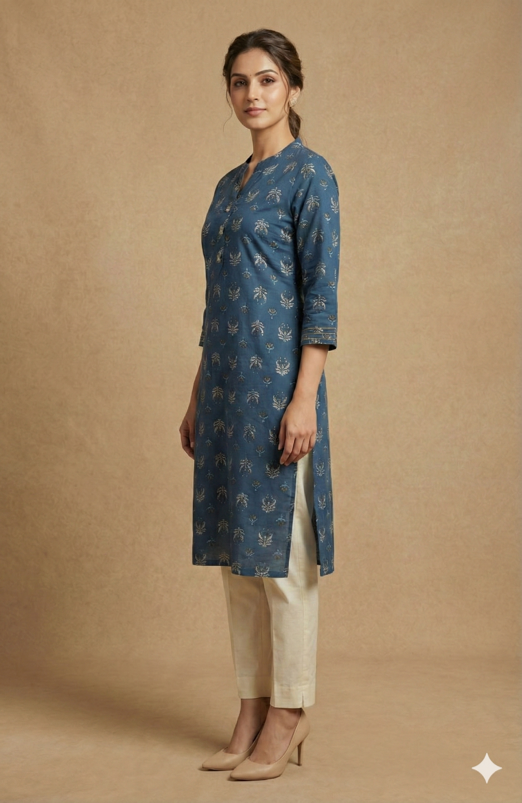 Blue Floral Printed Straight Cut Casual Kurti With Handwork On Neck