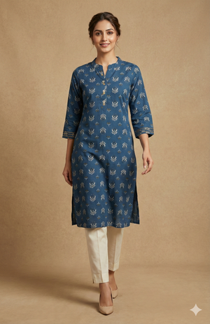 Blue Floral Printed Straight Cut Casual Kurti With Handwork On Neck
