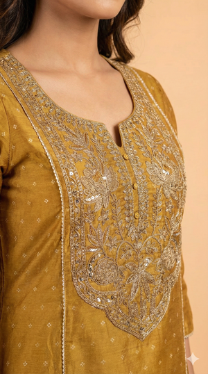 Mustard Chanderi Silk A-Line Salwar Suit Enhanced With Elegant Weaving & Floral Cording Embroidery