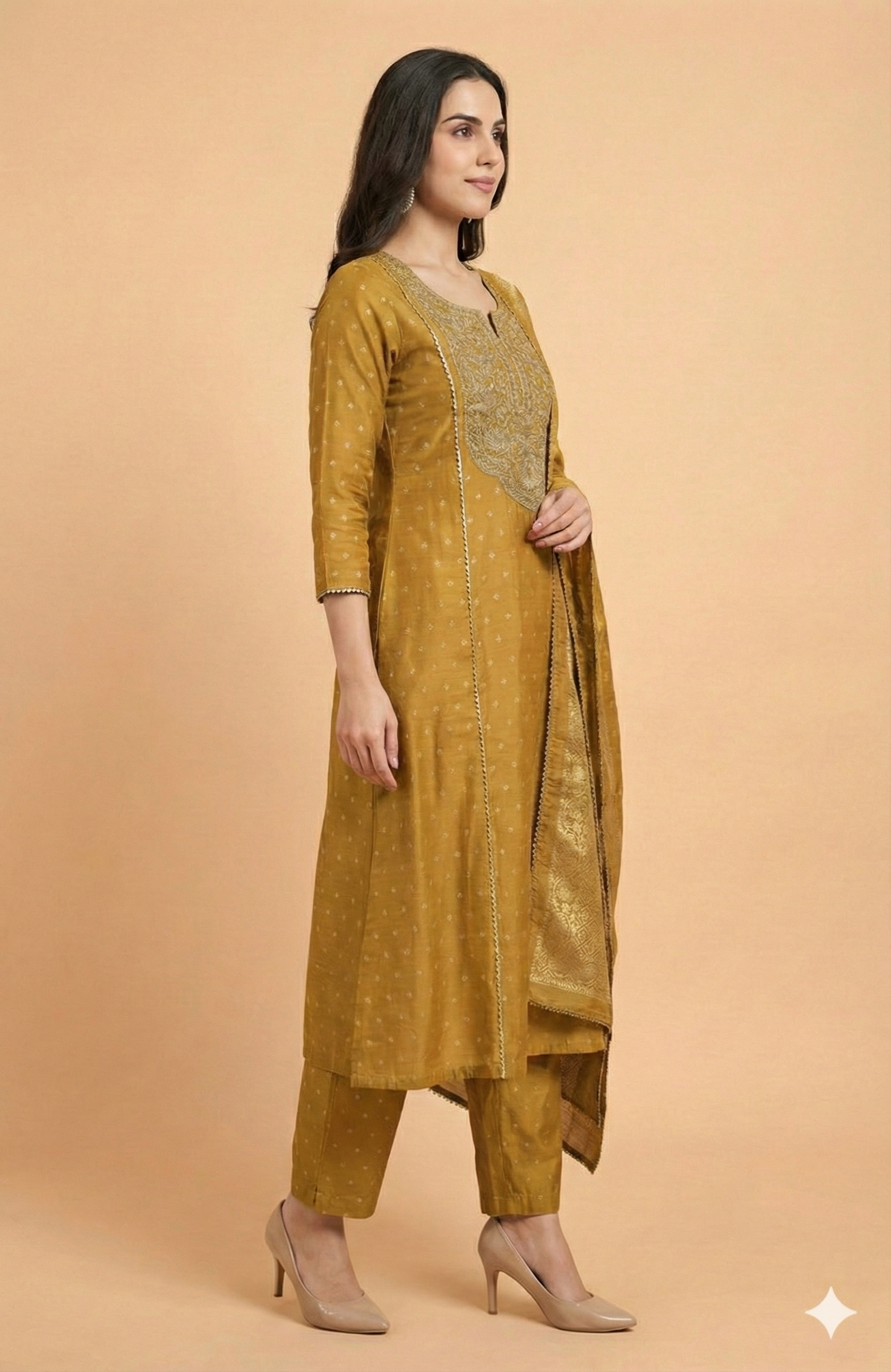 Mustard Chanderi Silk A-Line Salwar Suit Enhanced With Elegant Weaving & Floral Cording Embroidery