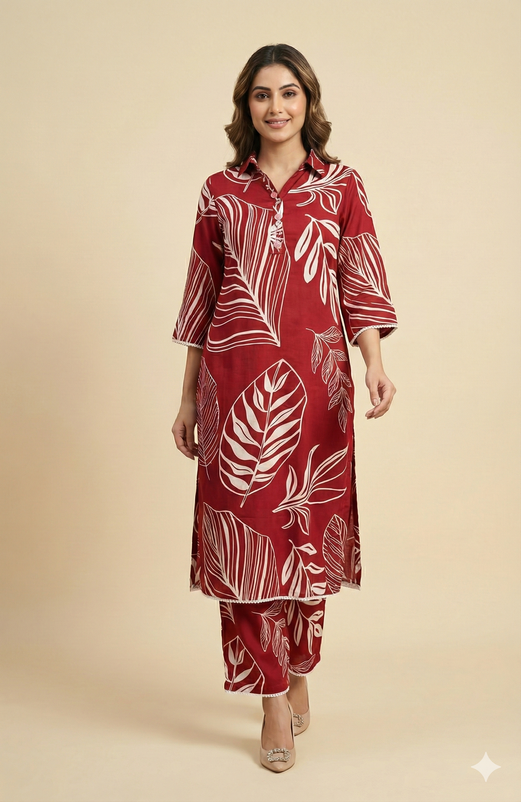 Red floral printed straight-cut rayon top and bottom set designed for effortless style.