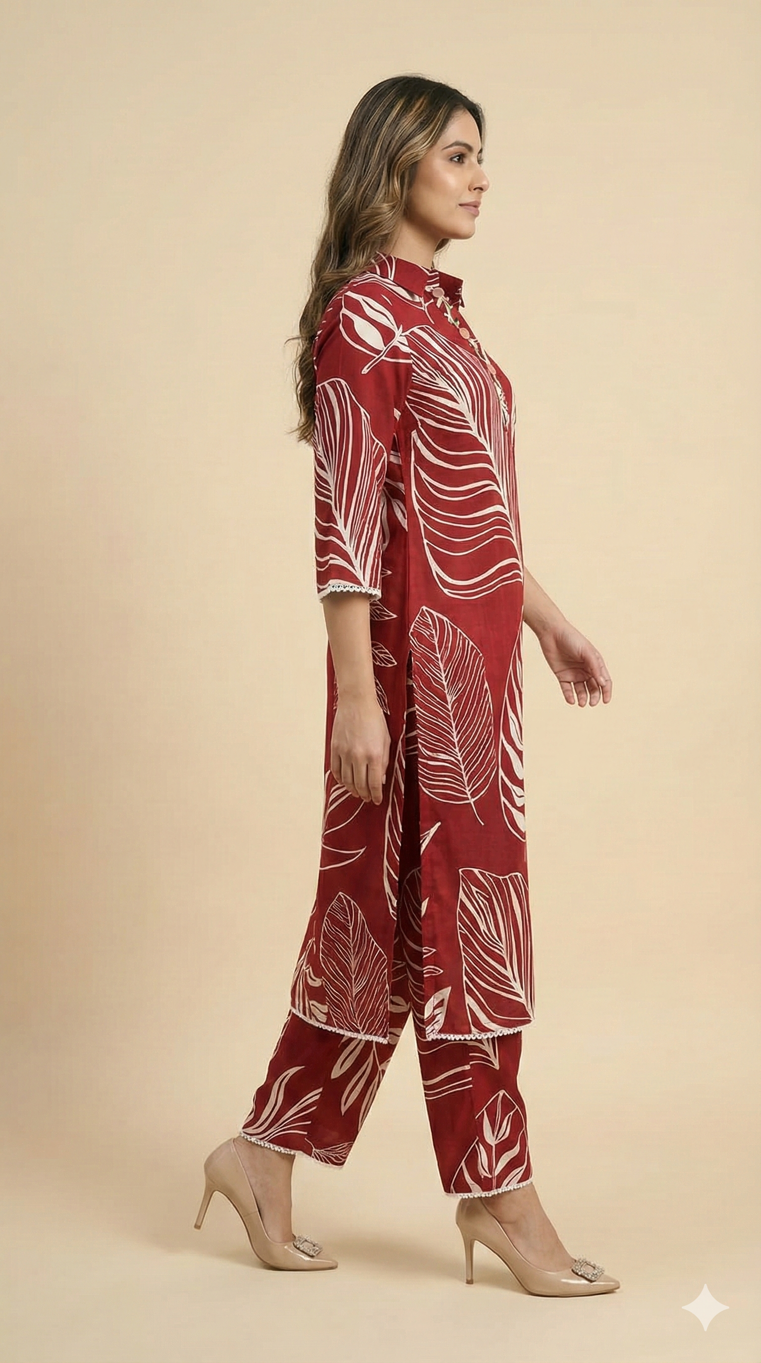 Red floral printed straight-cut rayon top and bottom set designed for effortless style.