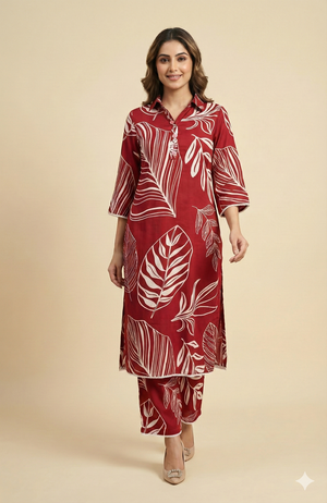 Red floral printed straight-cut rayon top and bottom set designed for effortless style.