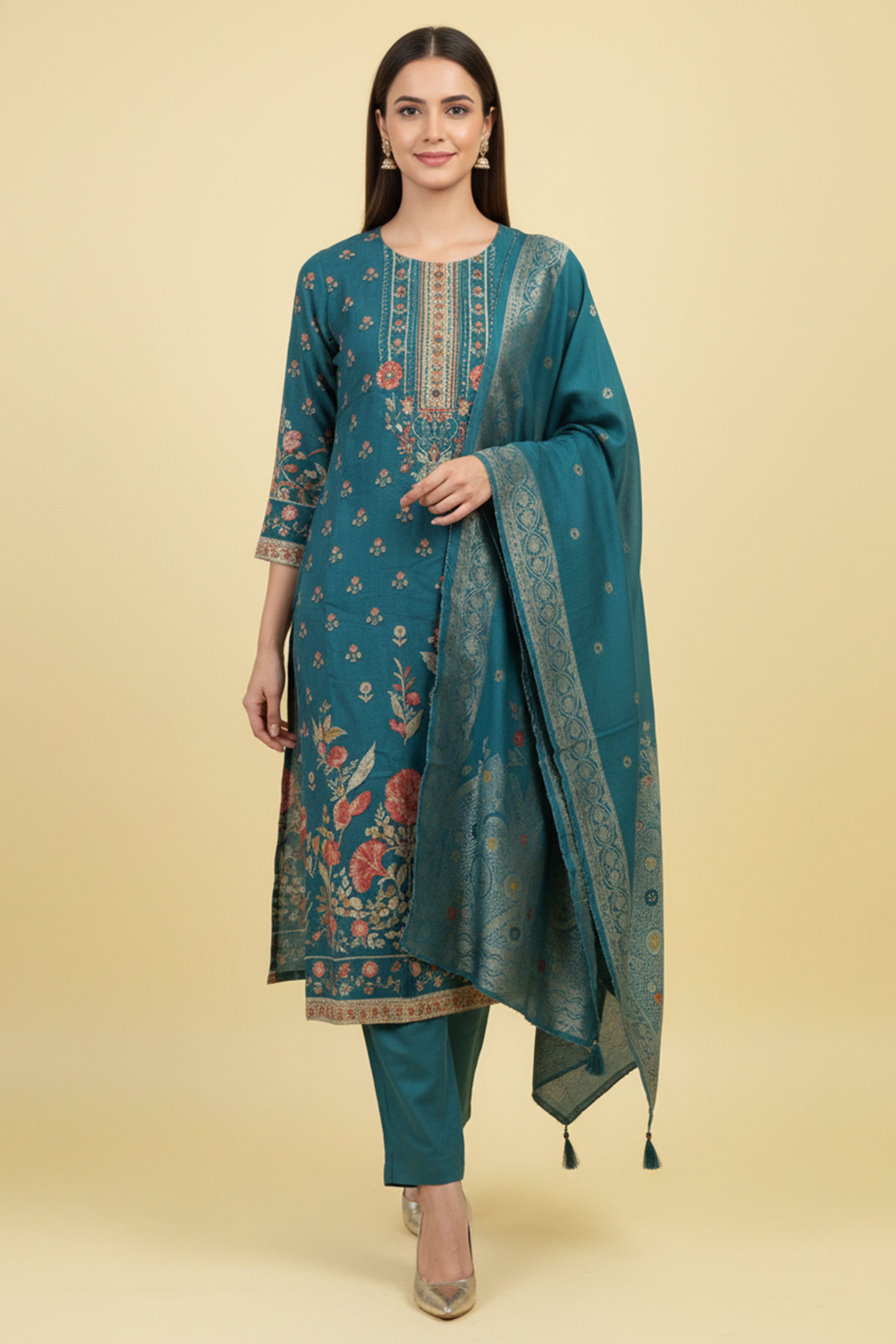 Beautiful Turquoise Floral Printed Straight Suit Designed in Lightweight Pure Muslin