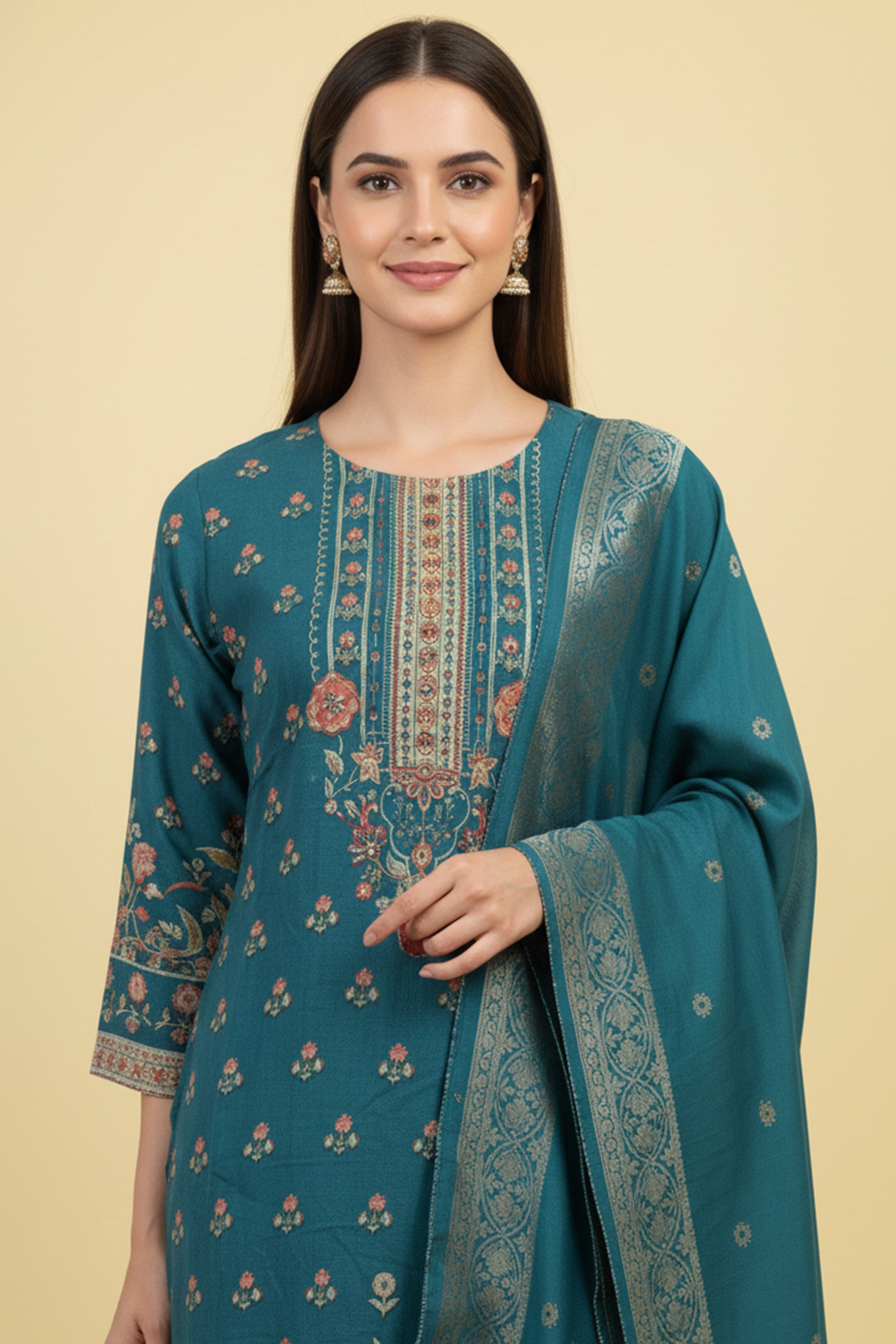 Beautiful Turquoise Floral Printed Straight Suit Designed in Lightweight Pure Muslin