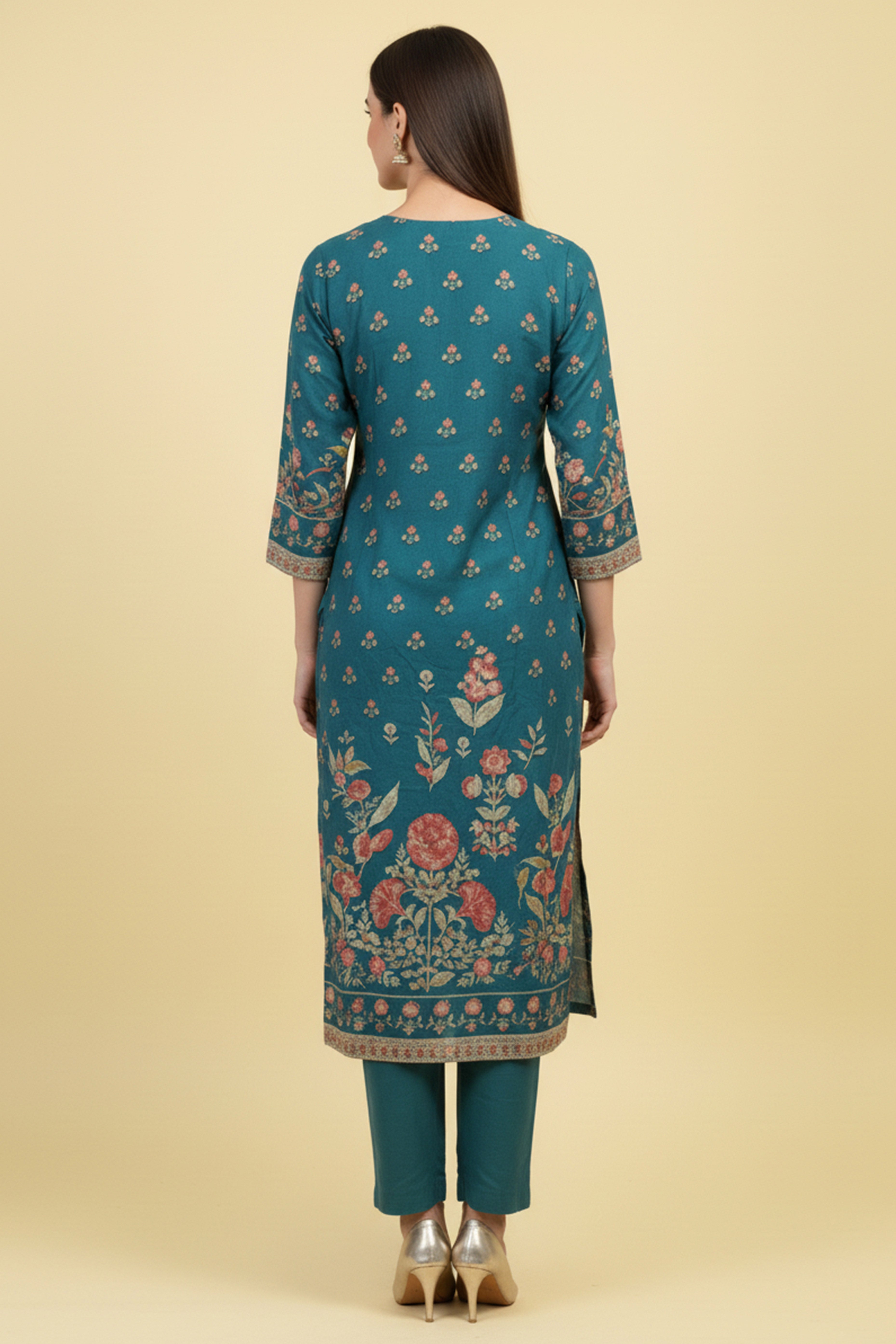 Beautiful Turquoise Floral Printed Straight Suit Designed in Lightweight Pure Muslin