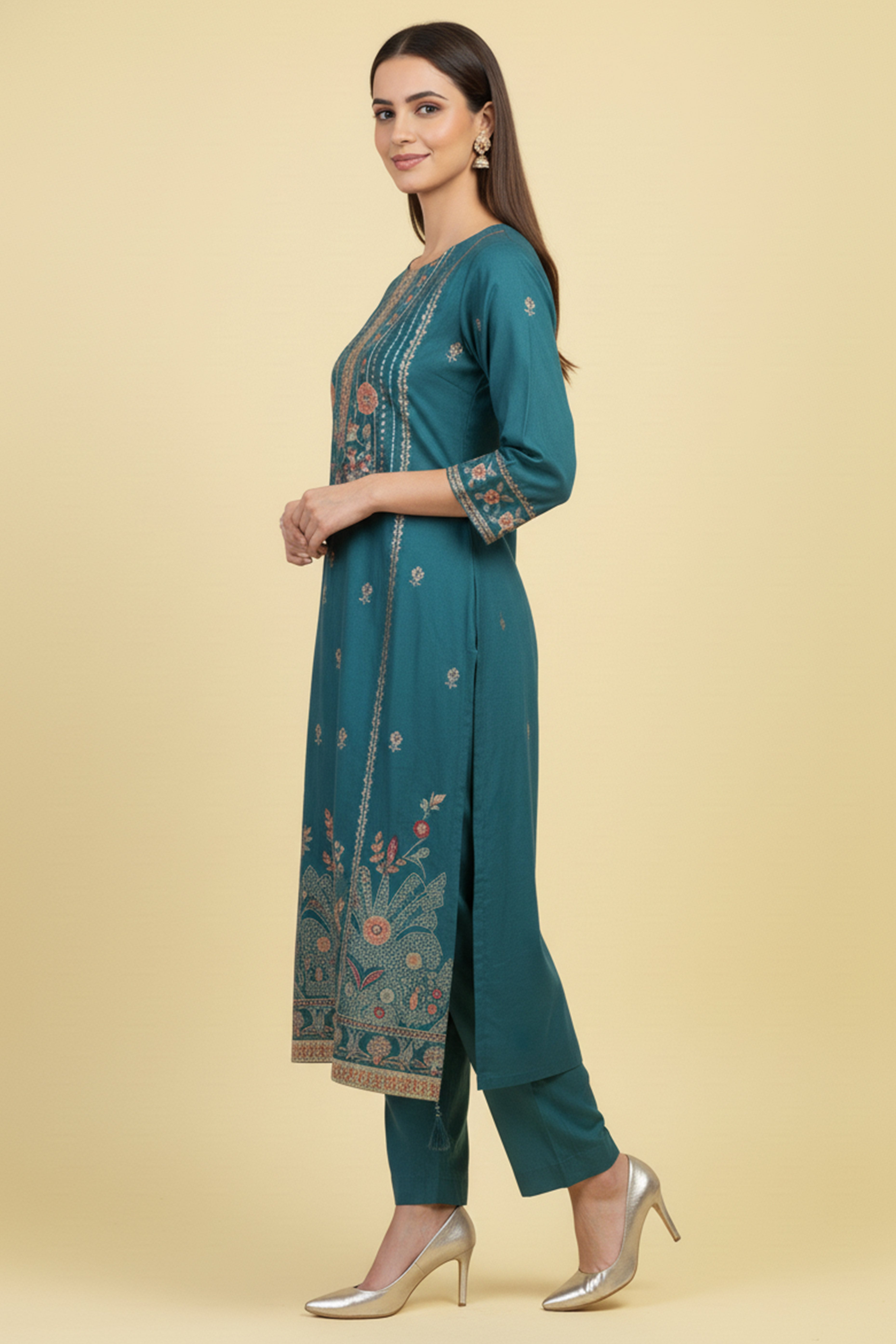 Beautiful Turquoise Floral Printed Straight Suit Designed in Lightweight Pure Muslin