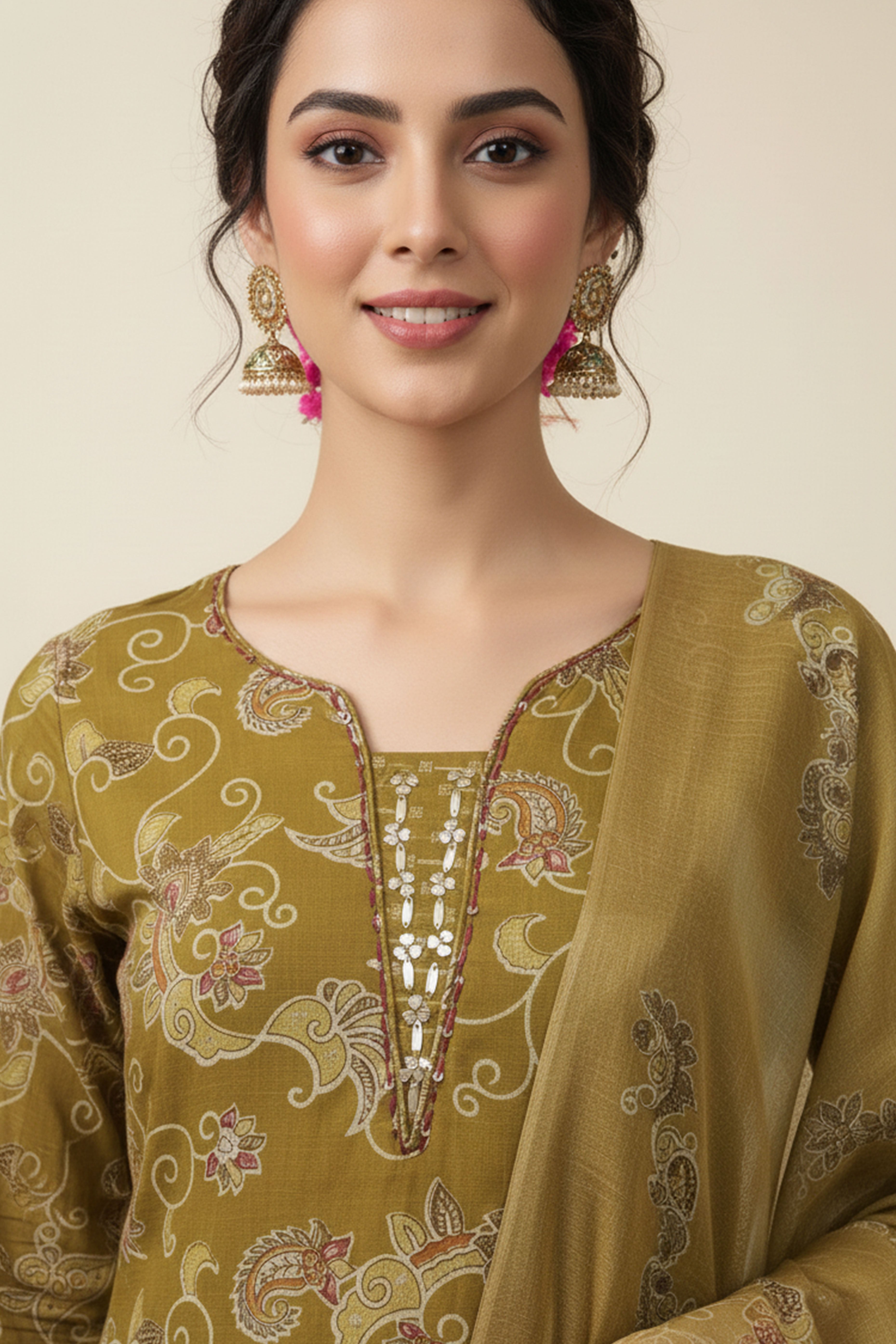 Mustard Rayon Salwar Suit with Artistic Floral Prints and Straight Silhouette