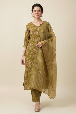 Mustard Rayon Salwar Suit with Artistic Floral Prints and Straight Silhouette