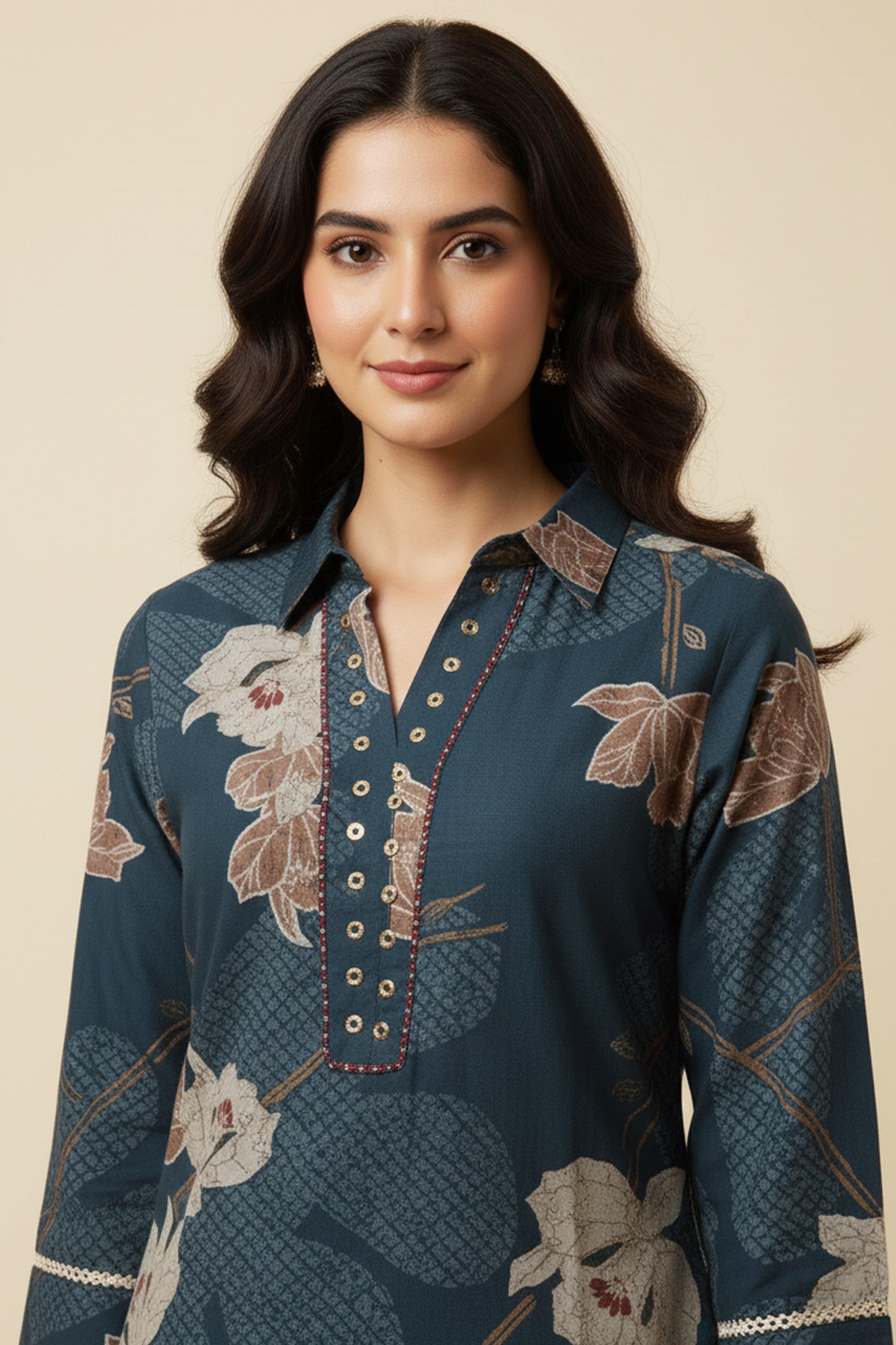 Beautiful Dark Blue Pure Cotton Kurti Featuring Straight Silhouette with Floral Prints