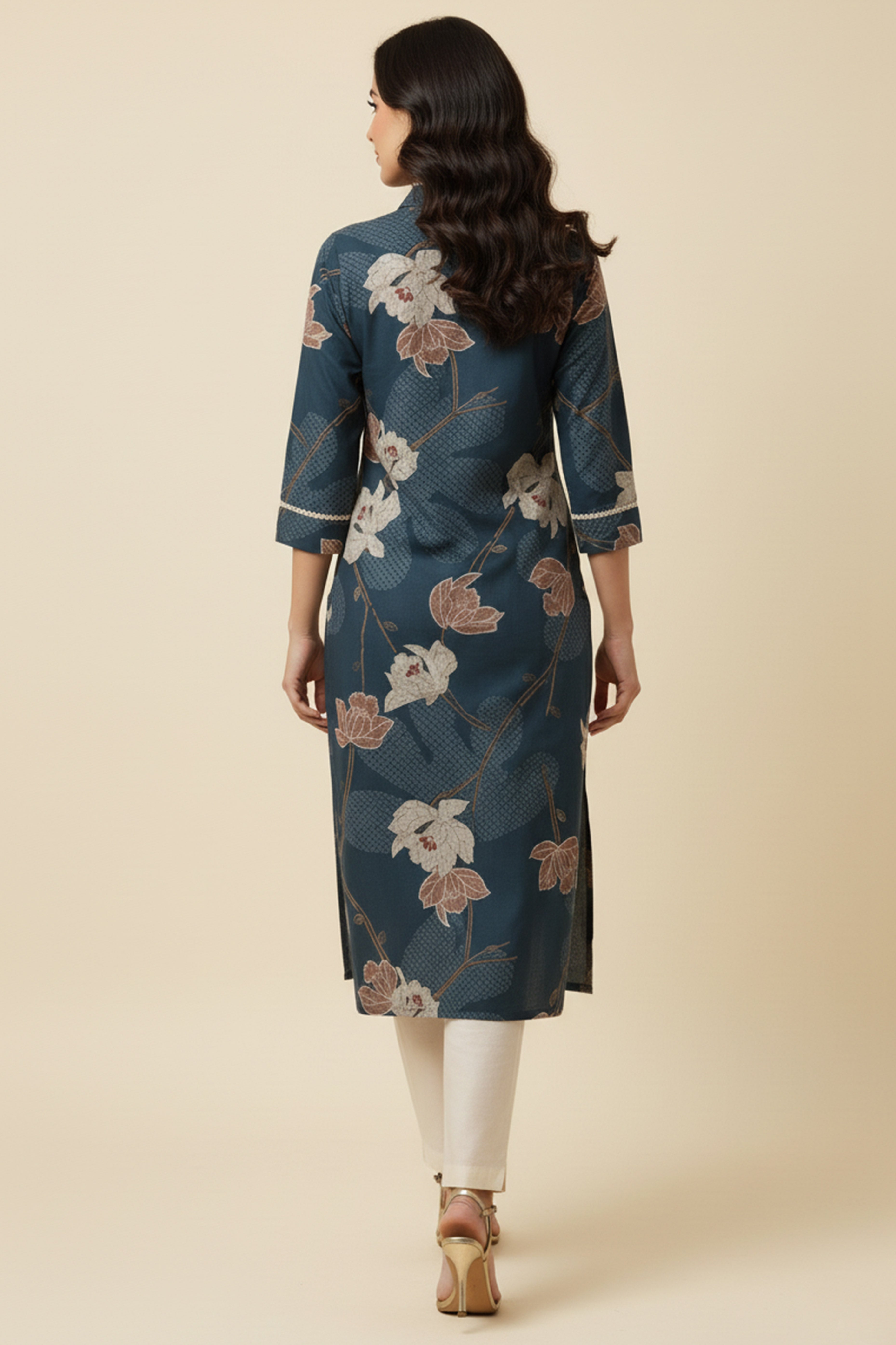 Beautiful Dark Blue Pure Cotton Kurti Featuring Straight Silhouette with Floral Prints
