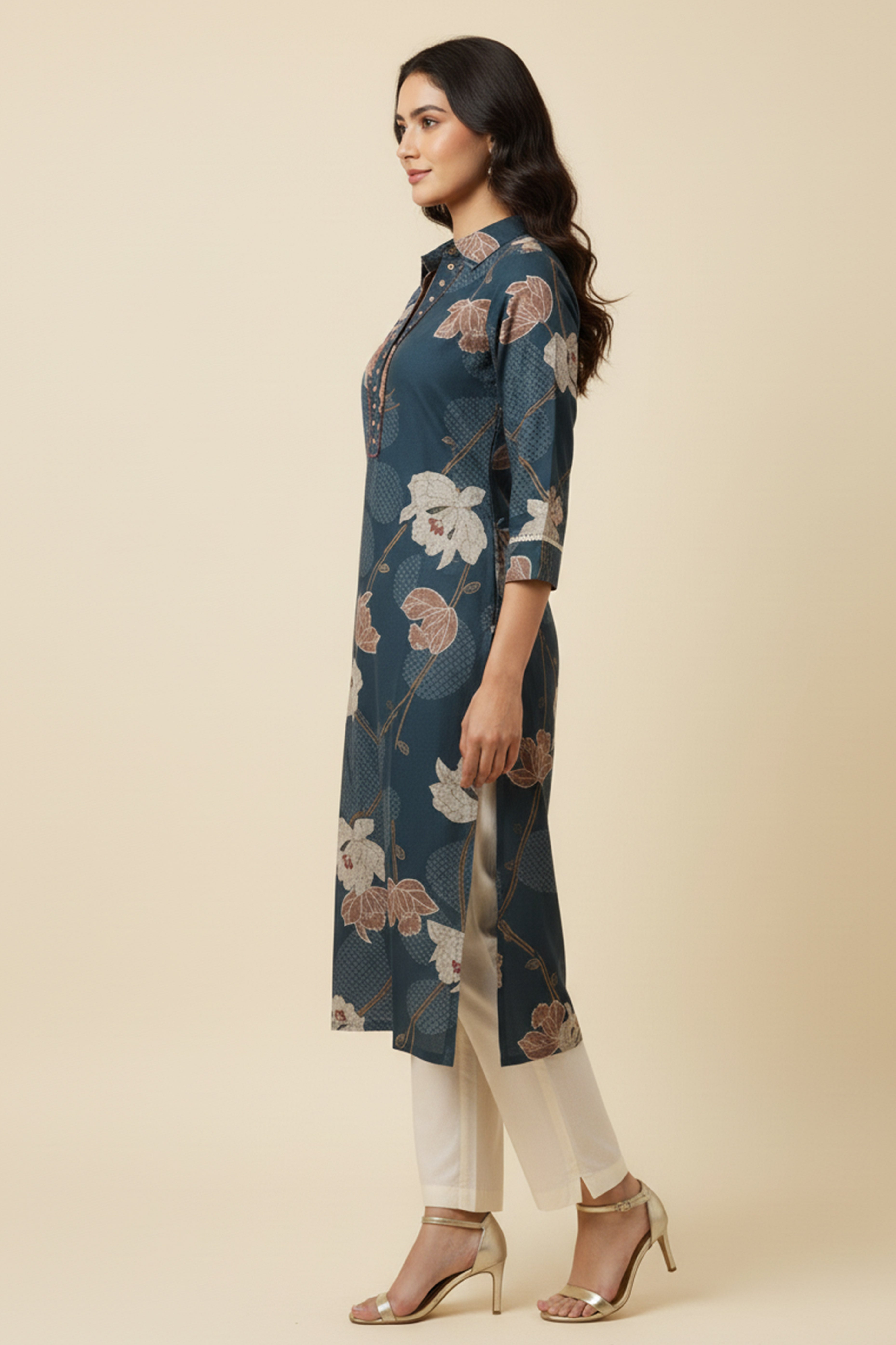 Beautiful Dark Blue Pure Cotton Kurti Featuring Straight Silhouette with Floral Prints