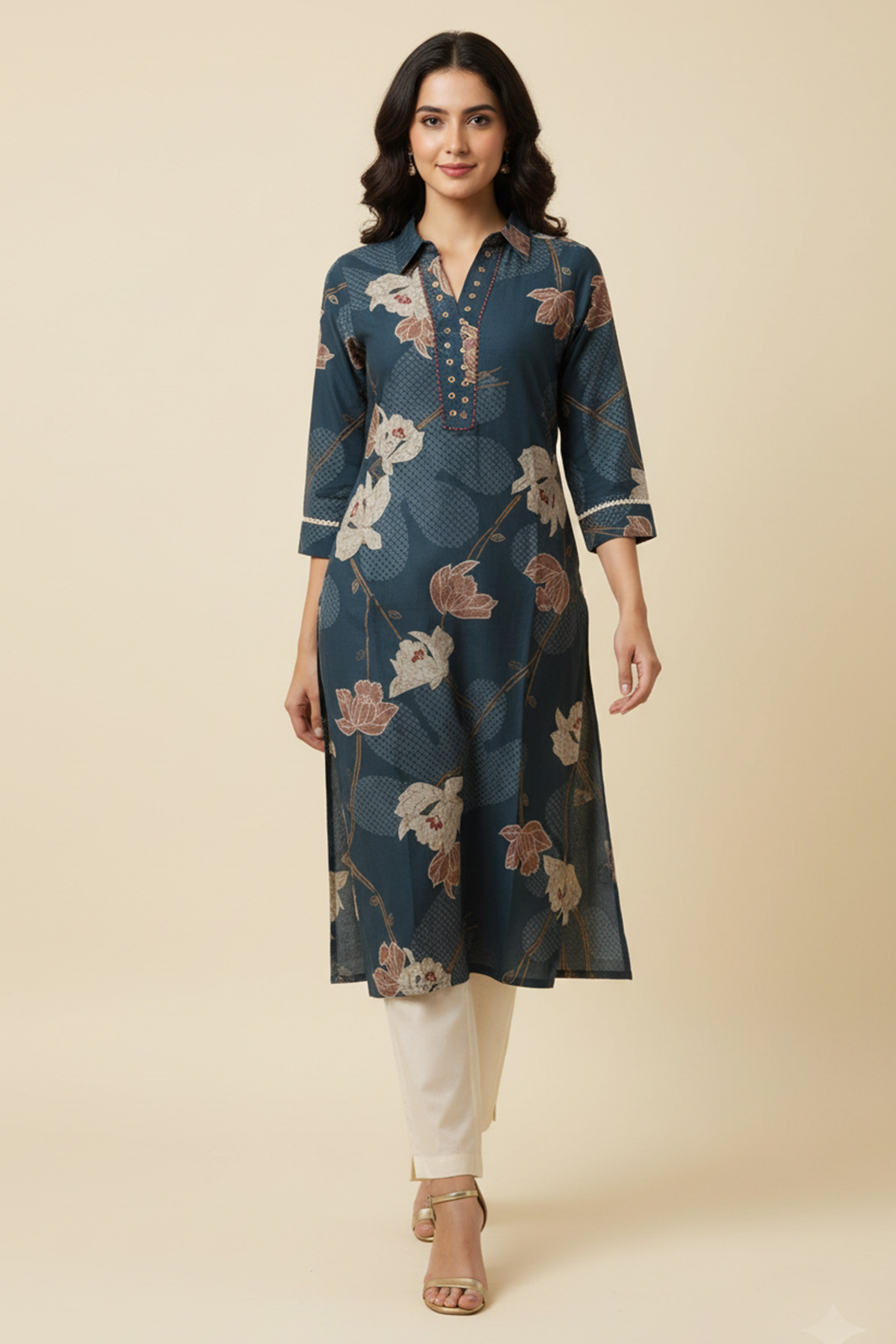 Beautiful Dark Blue Pure Cotton Kurti Featuring Straight Silhouette with Floral Prints
