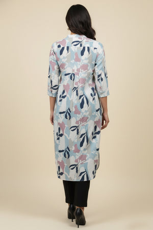 Trendy White Pure Cotton Straight with U-shape Kurti Highlighted with Vibrant Floral Patterns