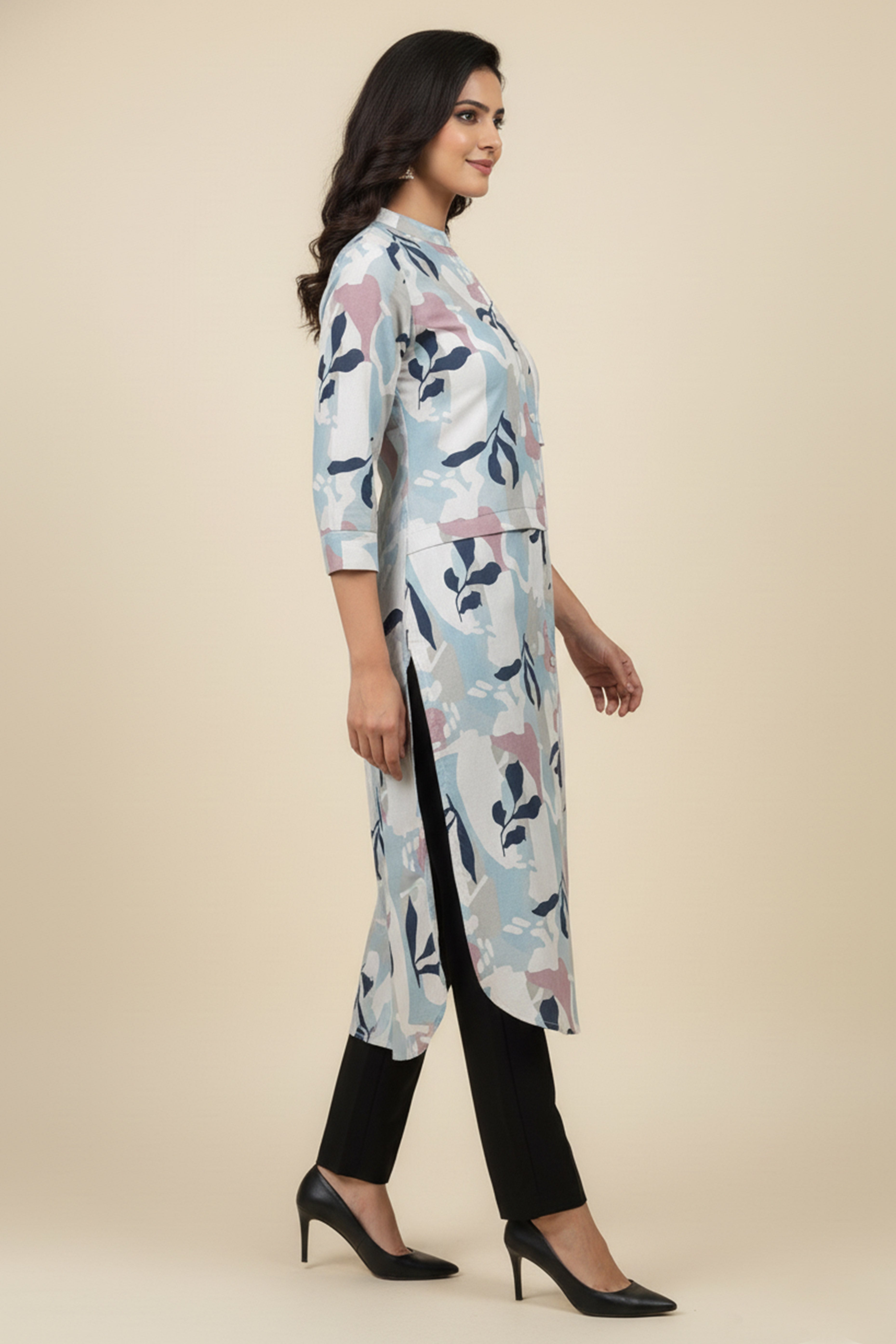 Trendy White Pure Cotton Straight with U-shape Kurti Highlighted with Vibrant Floral Patterns