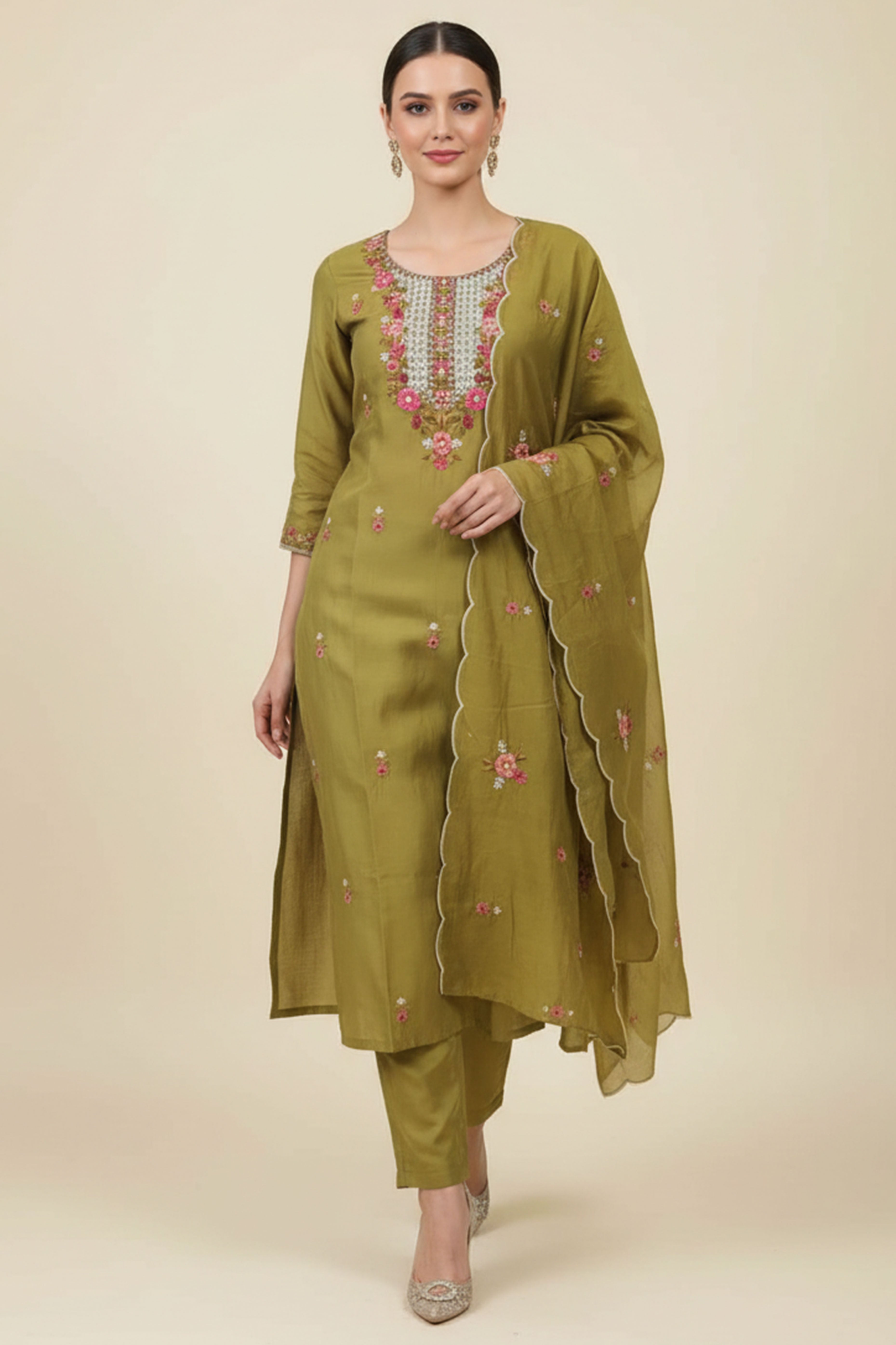 Exquisite Olive Mulmul Chanderi Suit with Fine Floral Embroidery Straight Cut Design