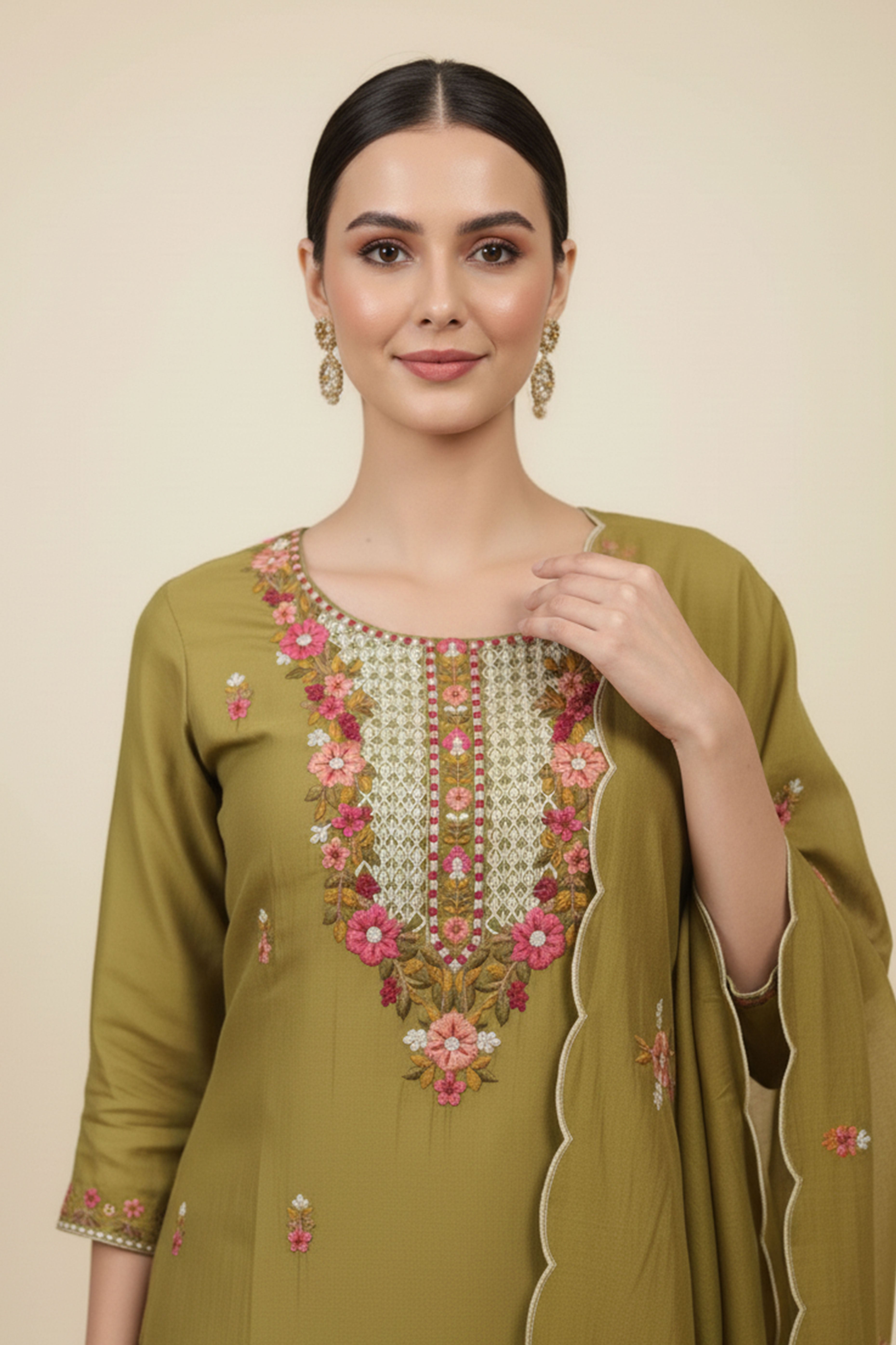 Exquisite Olive Mulmul Chanderi Suit with Fine Floral Embroidery Straight Cut Design