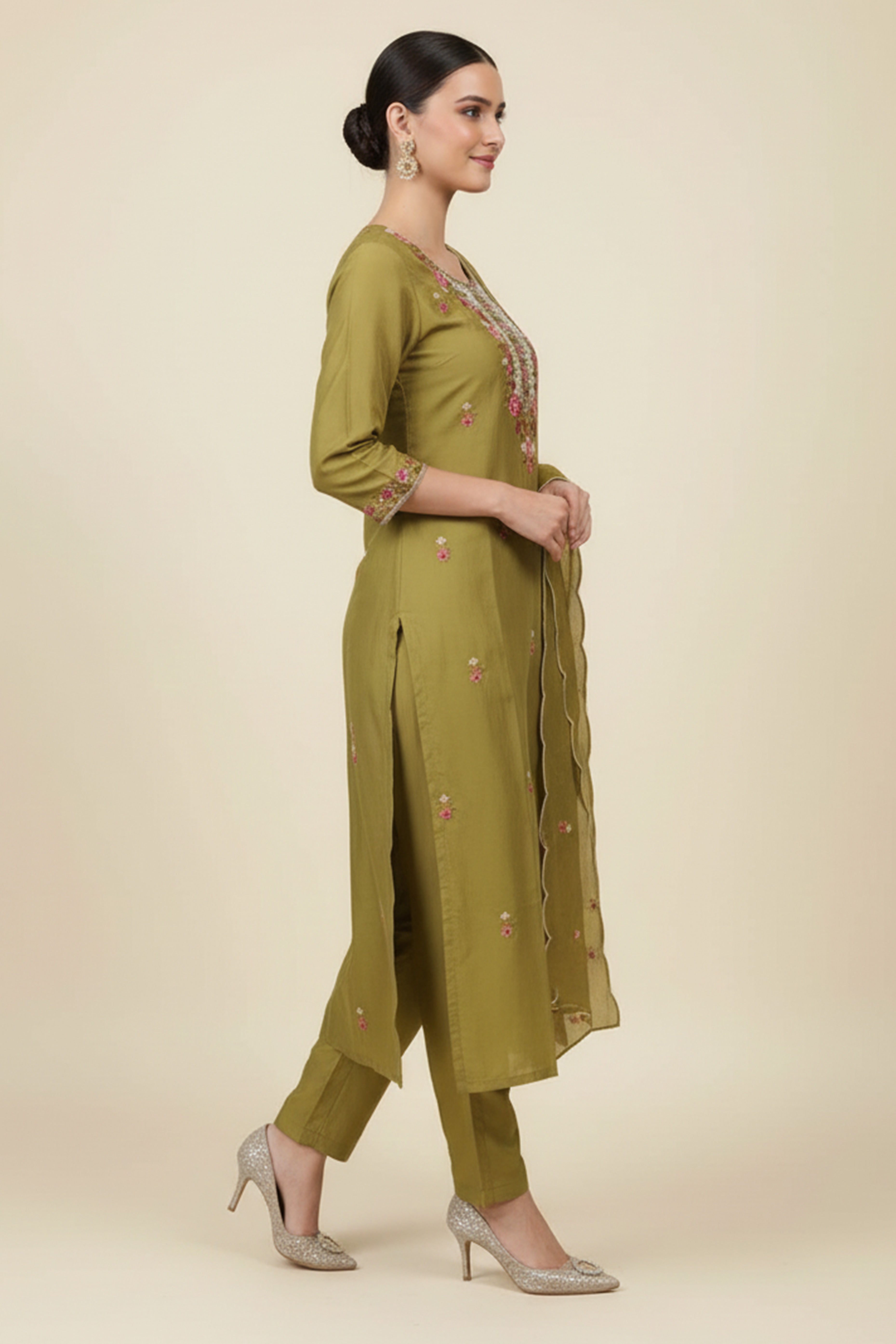 Exquisite Olive Mulmul Chanderi Suit with Fine Floral Embroidery Straight Cut Design