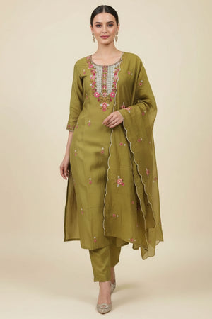 Exquisite Olive Mulmul Chanderi Suit with Fine Floral Embroidery Straight Cut Design