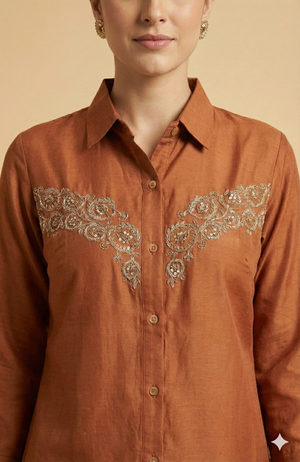 Graceful Rust Floral Embroidered Viscose Blend Top Paired with Matching Pant