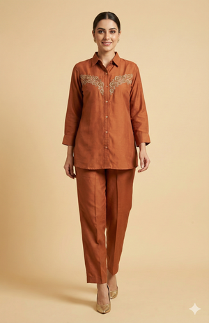Graceful Rust Floral Embroidered Viscose Blend Top Paired with Matching Pant
