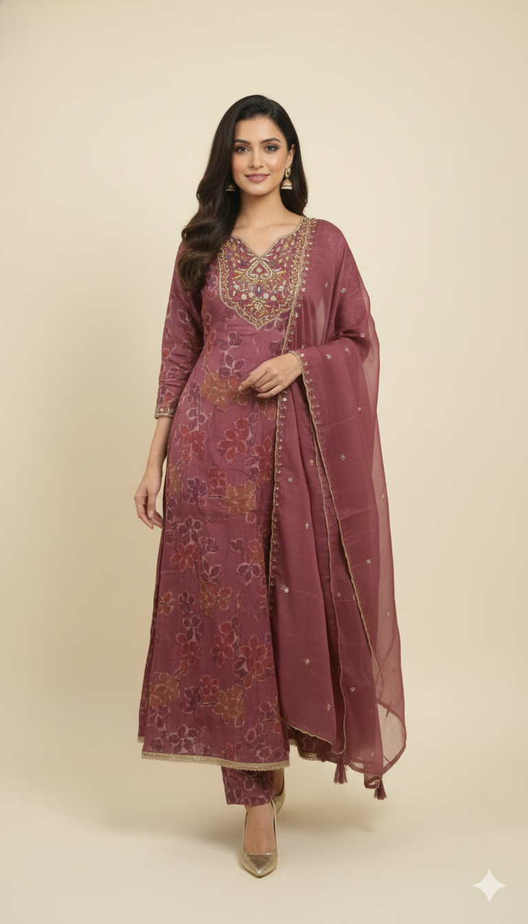 Gorgeous Dark Mauve Floral Printed Viscose Organza Anarkali Suit for Festive and Party Occasions