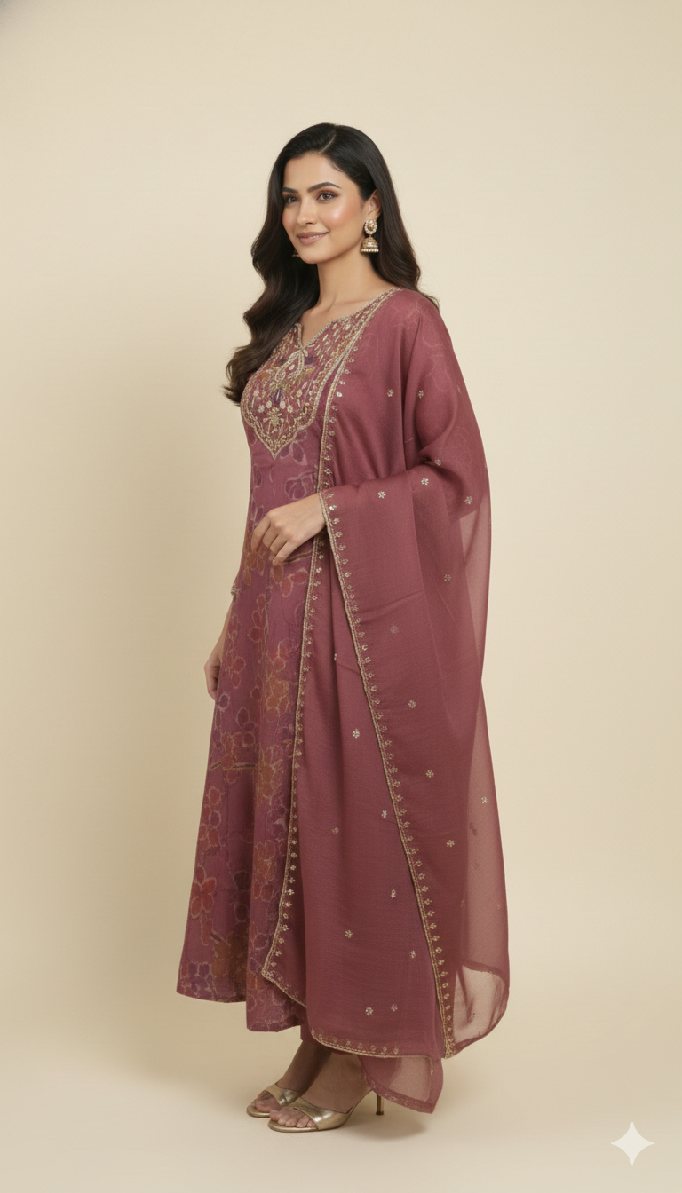 Gorgeous Dark Mauve Floral Printed Viscose Organza Anarkali Suit for Festive and Party Occasions