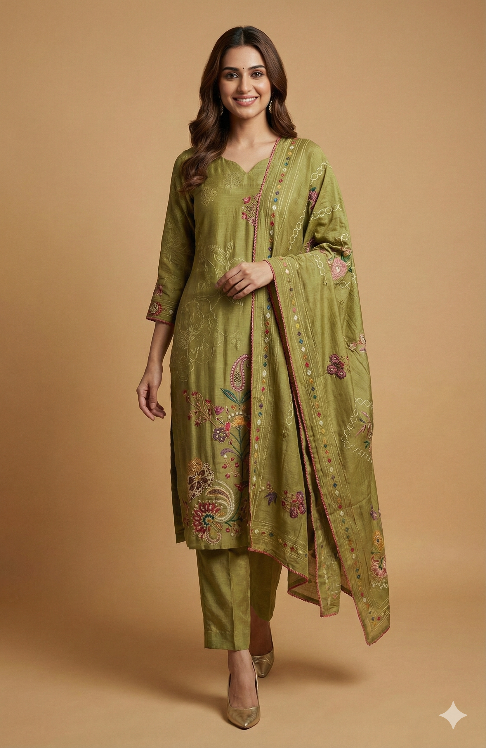 Green Floral Print Muslin Salwar Suit Designed in a Straight-Fit Silhouette with Fine Embroidery