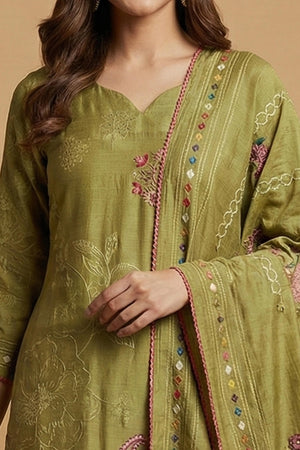Green Floral Print Muslin Salwar Suit Designed in a Straight-Fit Silhouette with Fine Embroidery
