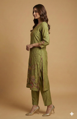 Green Floral Print Muslin Salwar Suit Designed in a Straight-Fit Silhouette with Fine Embroidery