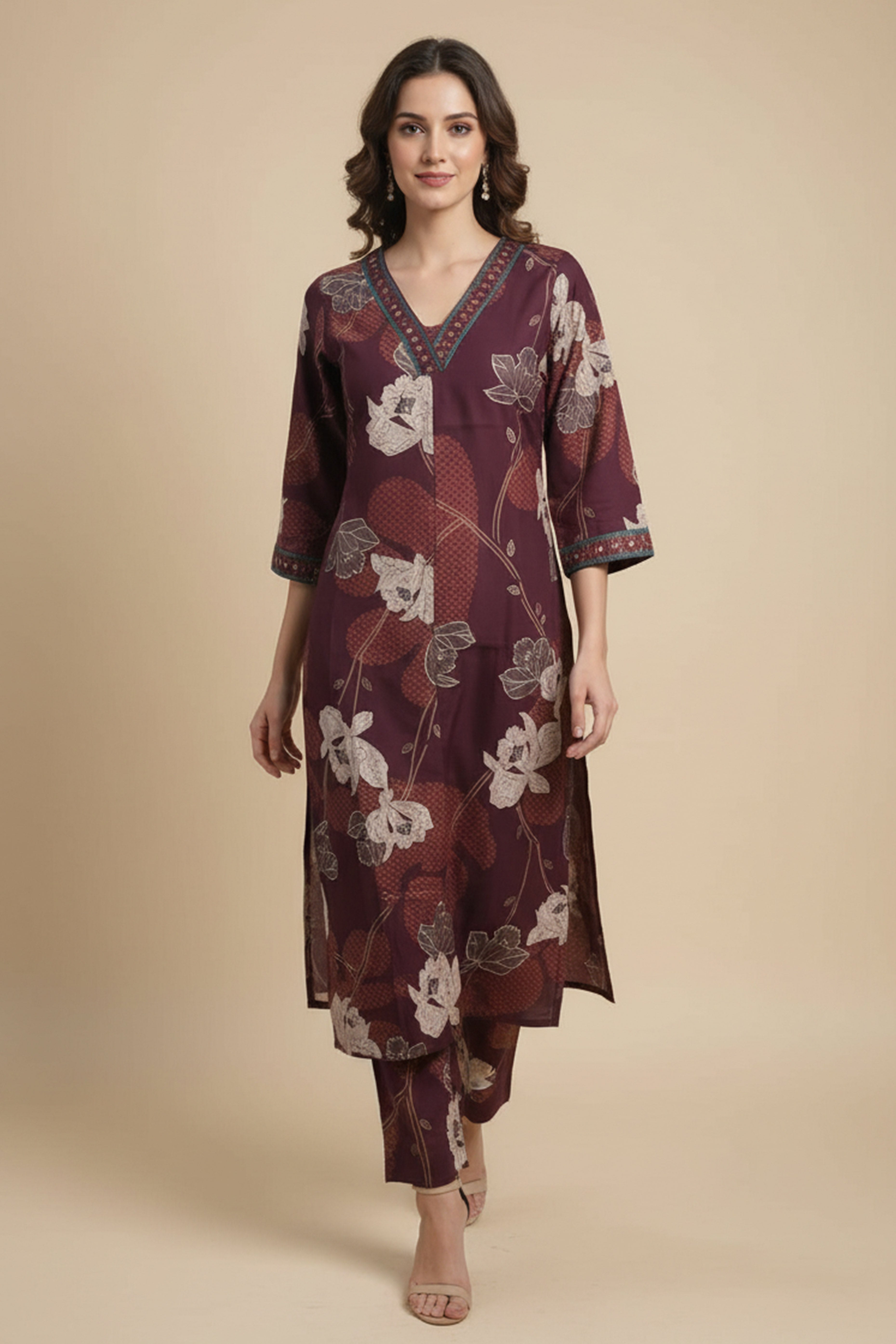 Wine Blossom Woven Rayon A-Line Festive Top and Bottom Ensemble