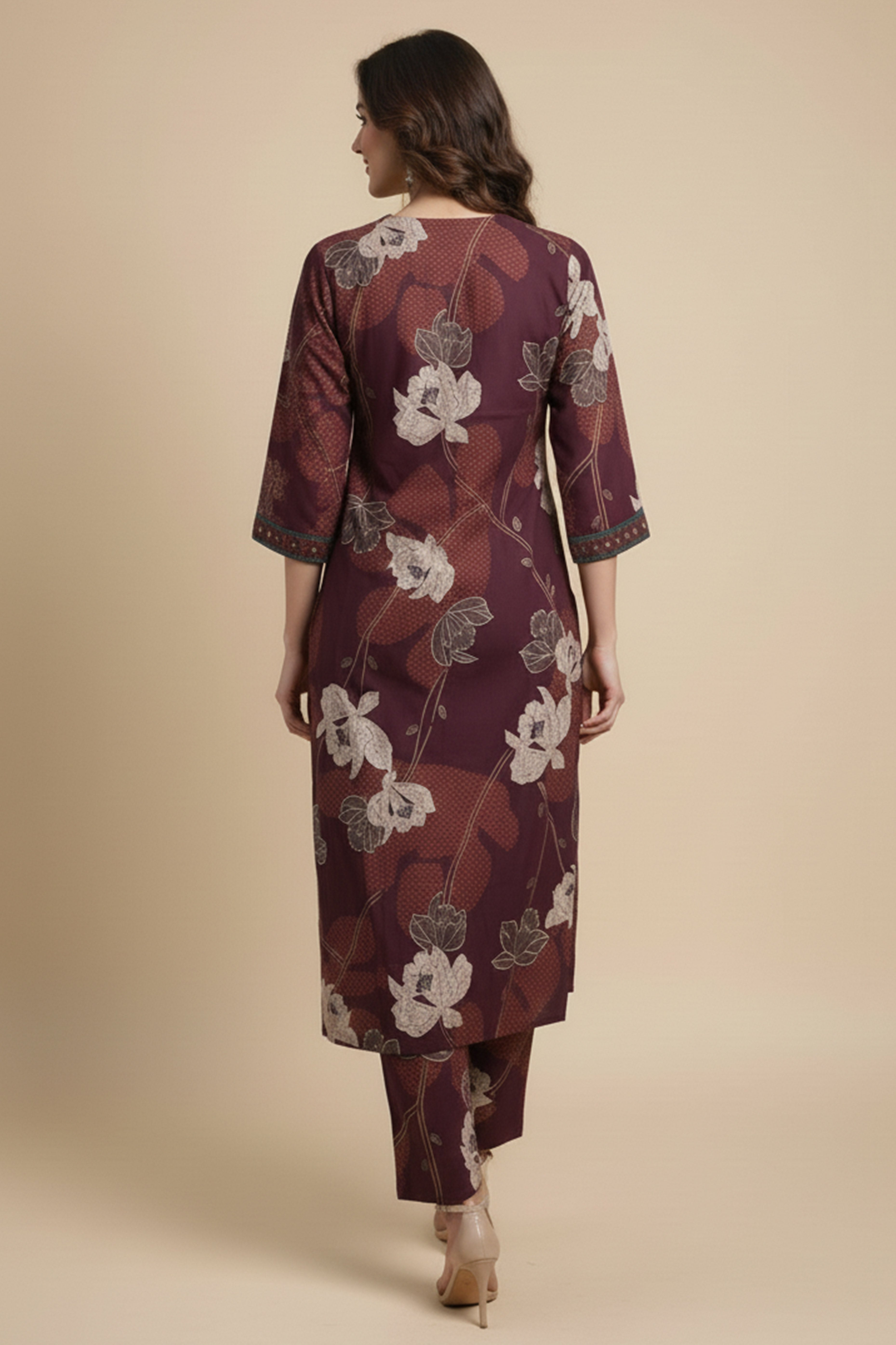 Wine Blossom Woven Rayon A-Line Festive Top and Bottom Ensemble