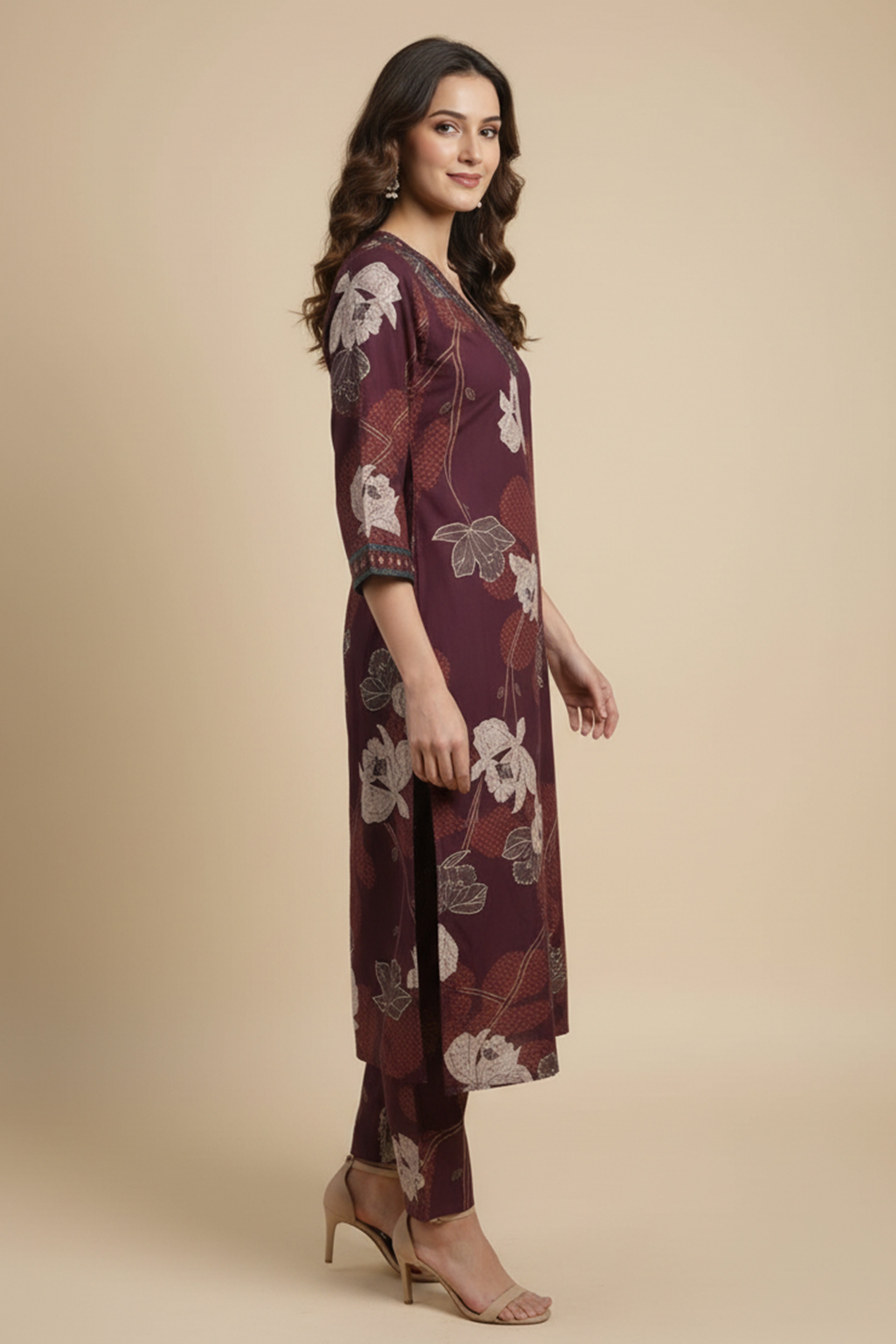 Wine Blossom Woven Rayon A-Line Festive Top and Bottom Ensemble