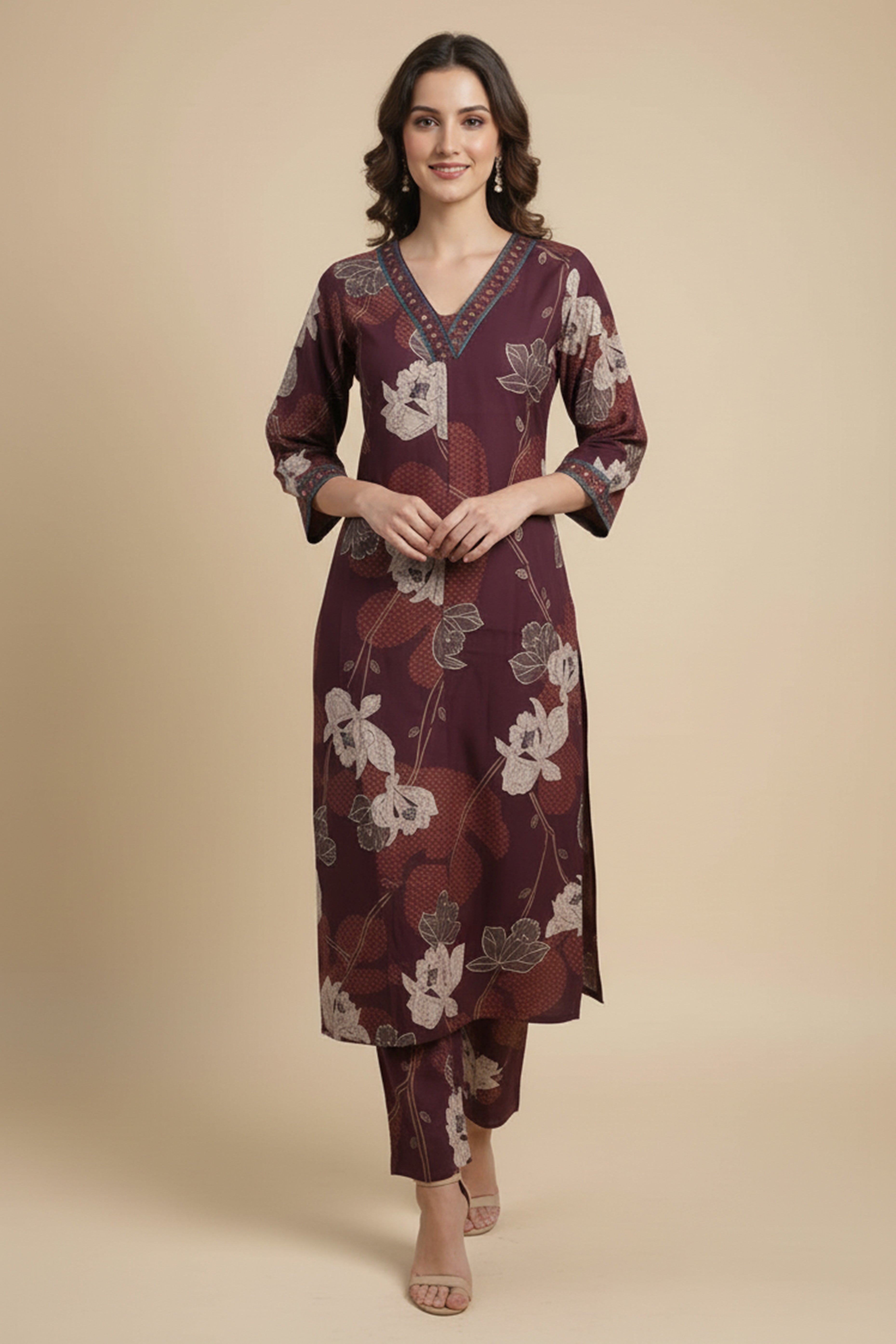 Wine Blossom Woven Rayon A-Line Festive Top and Bottom Ensemble