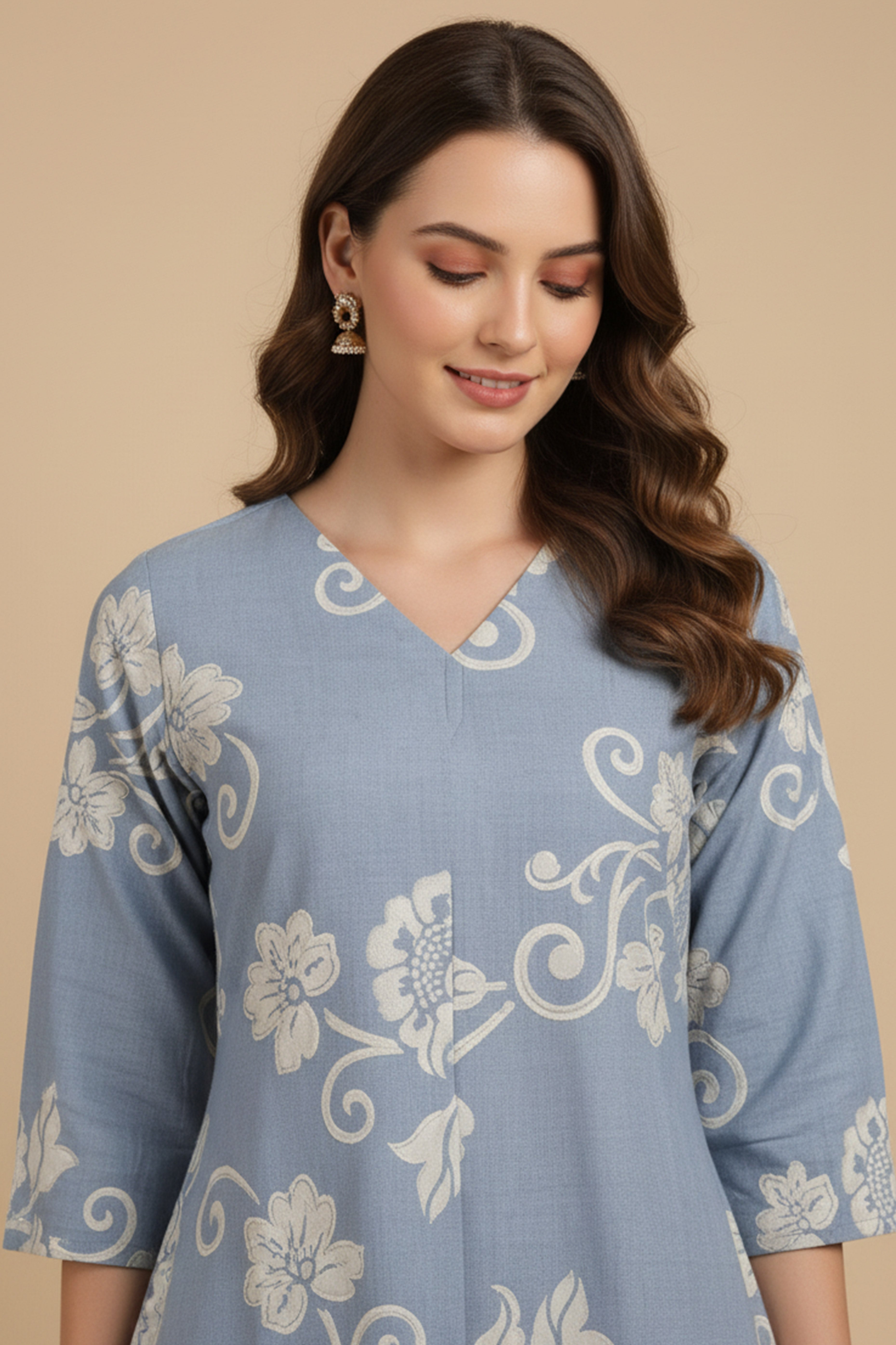Lightweight Sky Blue Pure Cotton Top Bottom Set Highlighted with Floral Prints