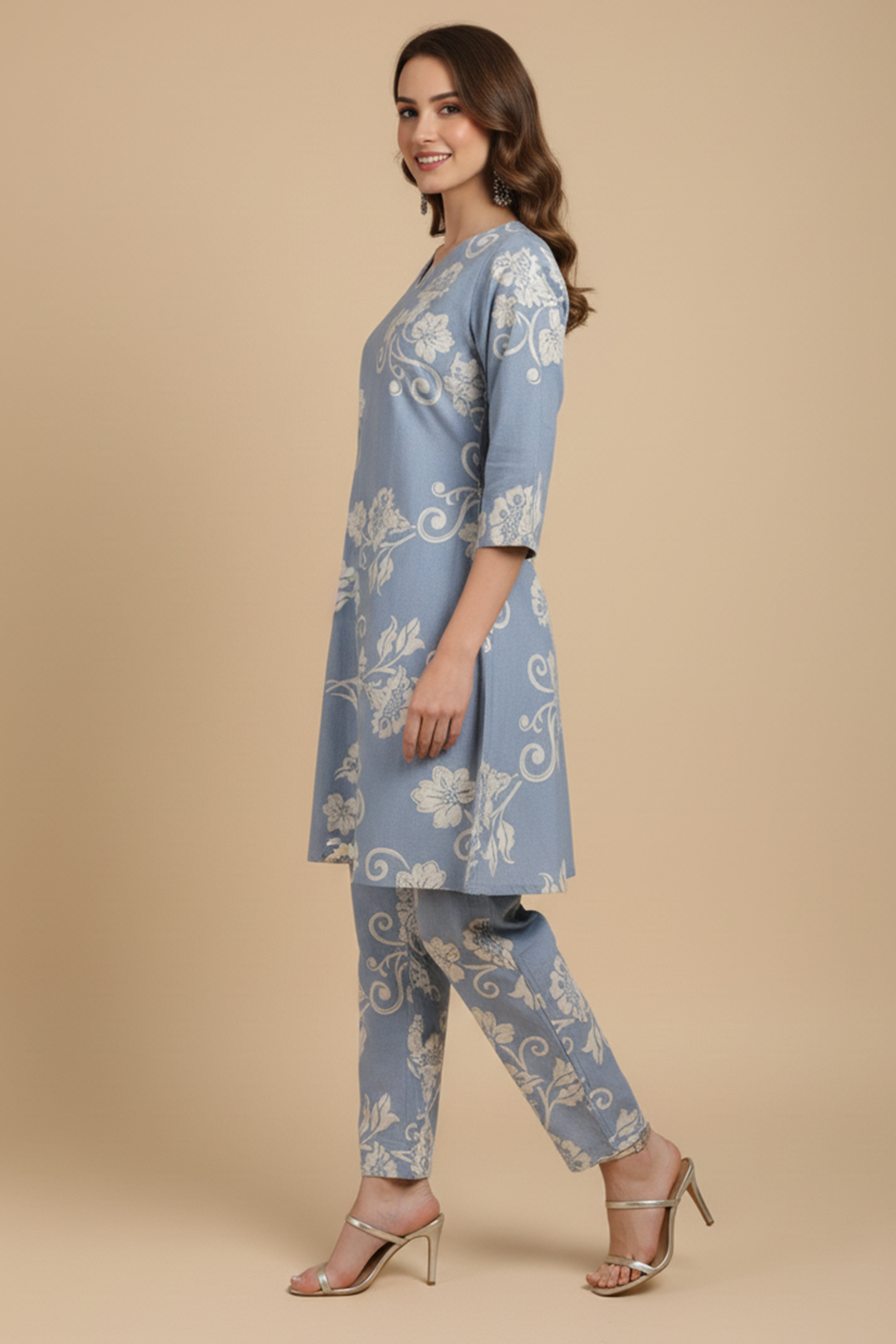 Lightweight Sky Blue Pure Cotton Top Bottom Set Highlighted with Floral Prints