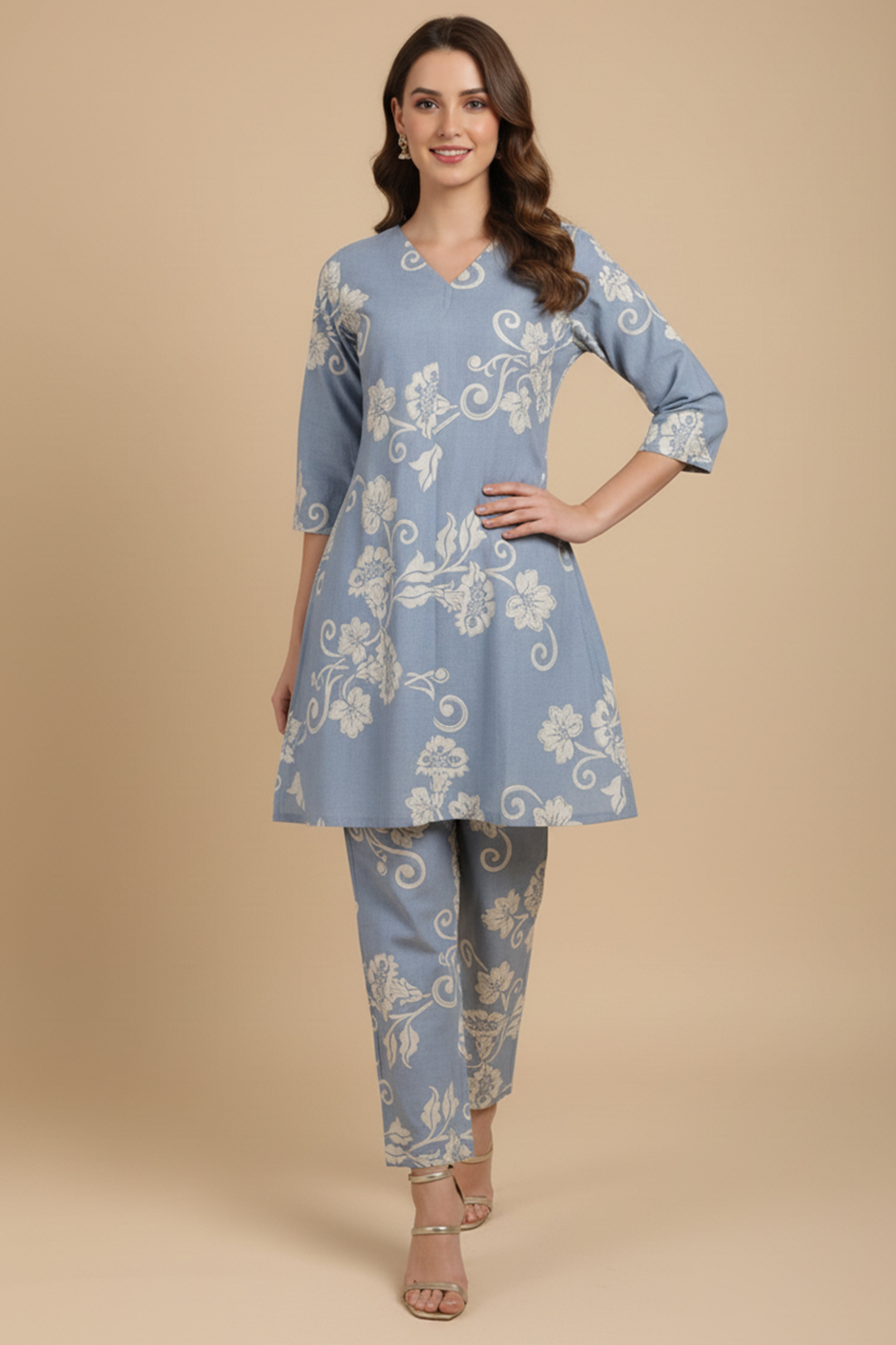 Lightweight Sky Blue Pure Cotton Top Bottom Set Highlighted with Floral Prints
