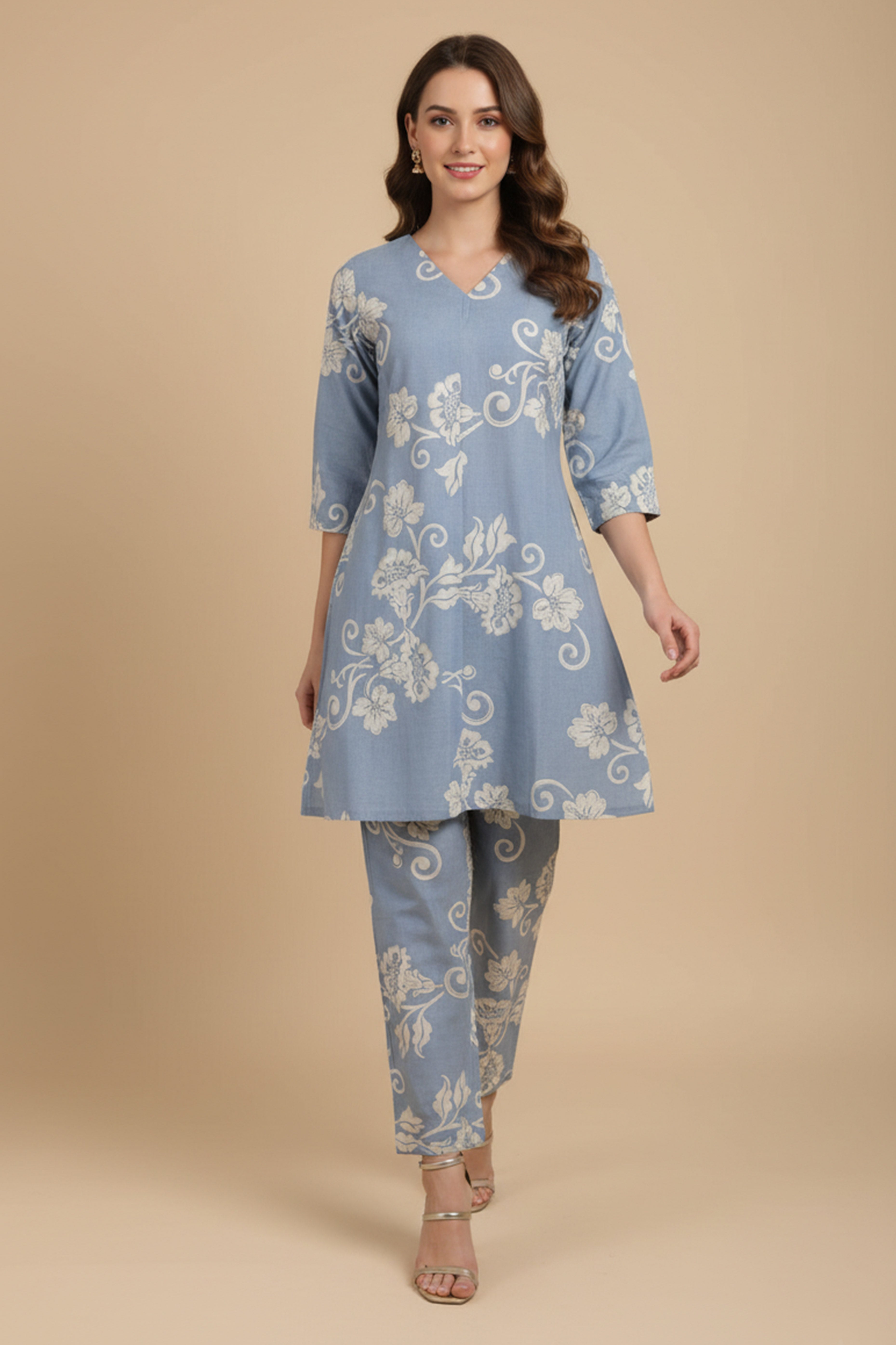 Lightweight Sky Blue Pure Cotton Top Bottom Set Highlighted with Floral Prints