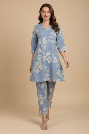 Lightweight Sky Blue Pure Cotton Top Bottom Set Highlighted with Floral Prints