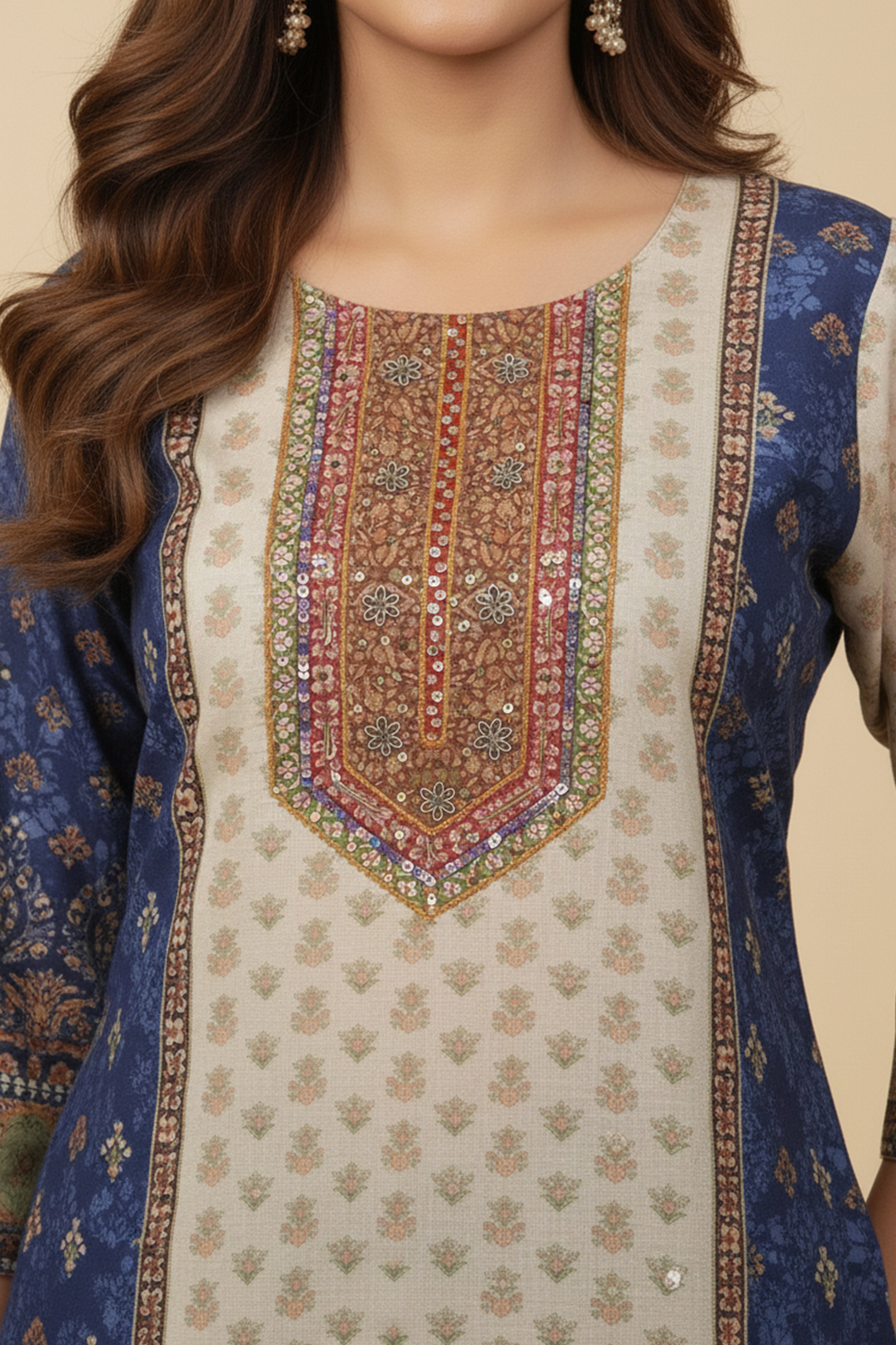 Blue Designer Muslin Salwar Suit Featuring Floral Print With Hand-Embroidered Neckline