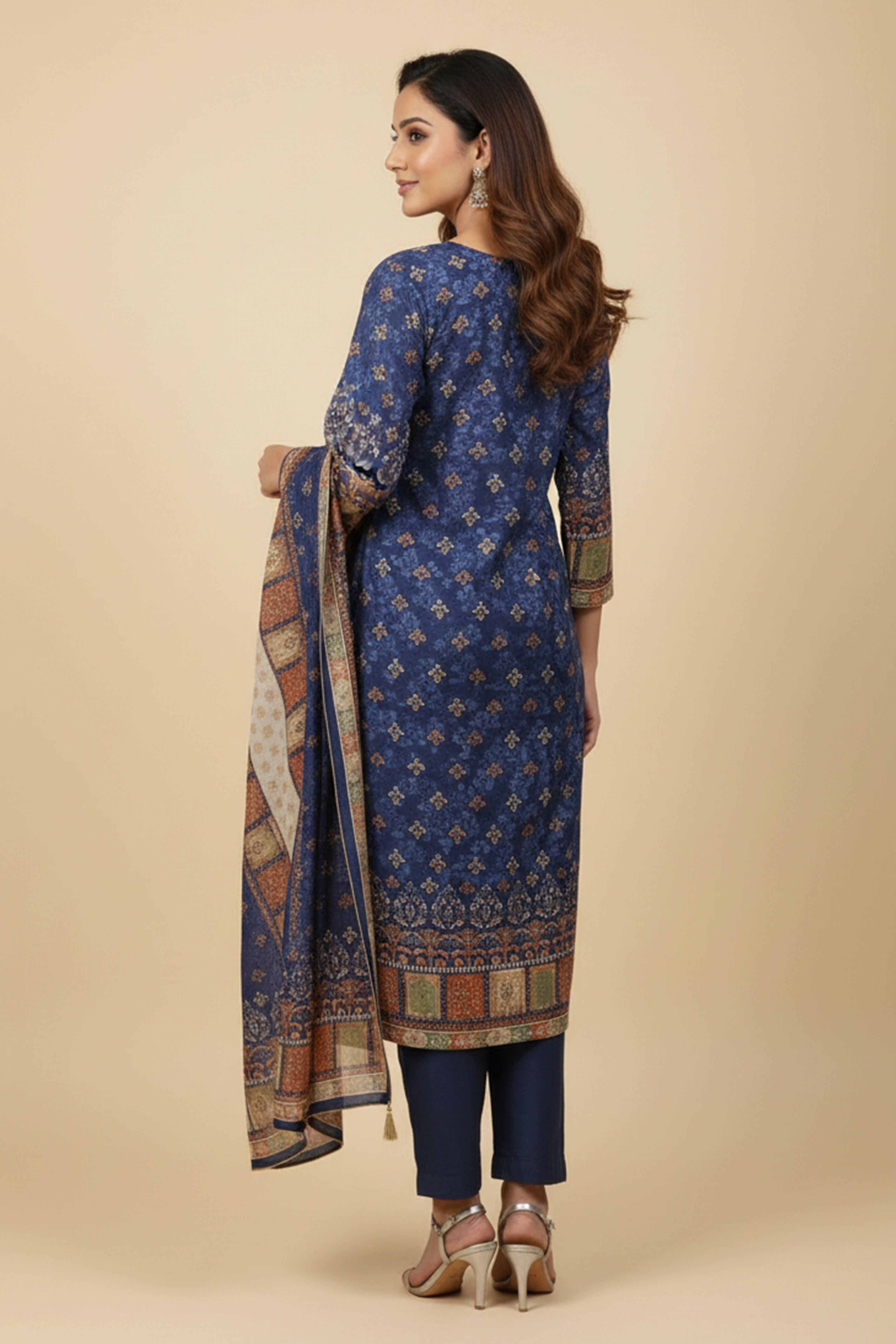 Blue Designer Muslin Salwar Suit Featuring Floral Print With Hand-Embroidered Neckline